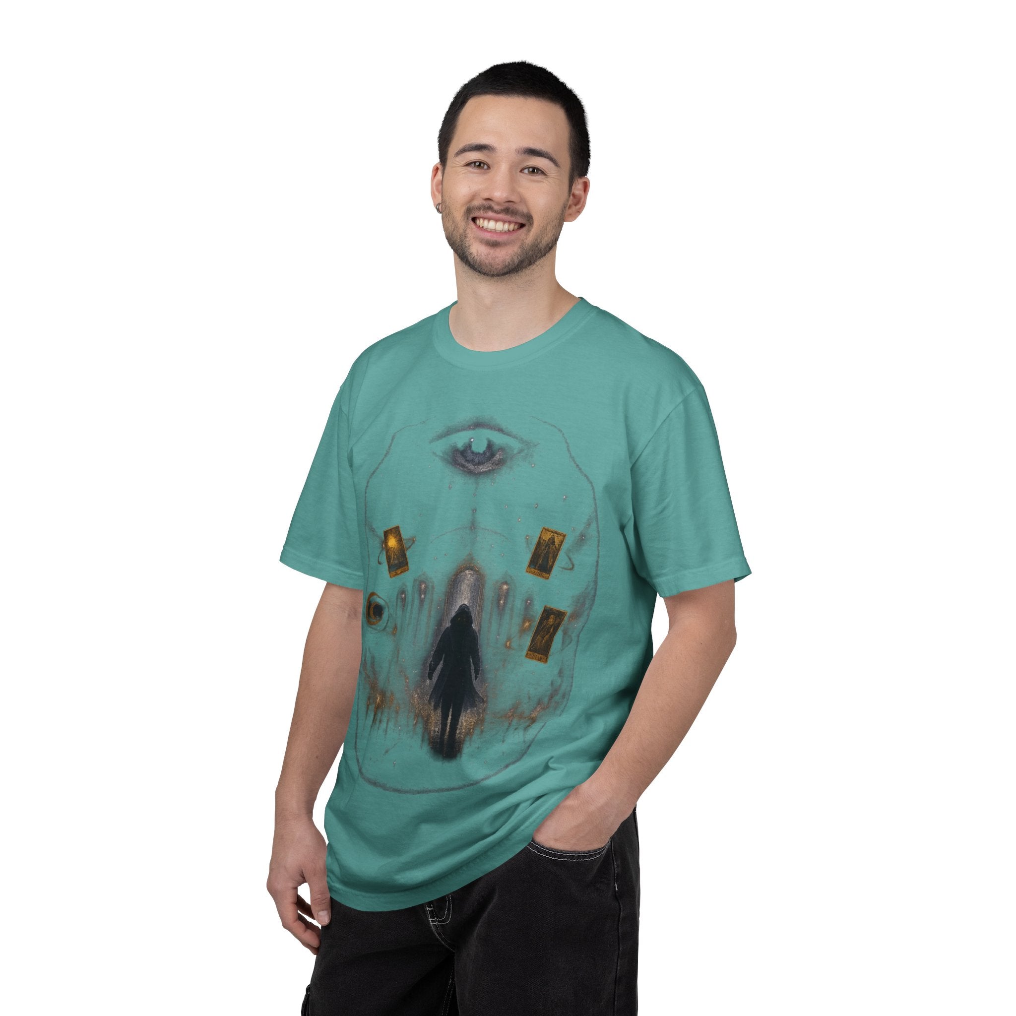 PRB Occult Tarot Skull T-Shirt — Mystic Eye & Shadow Figure Graphic by Power Runs Black