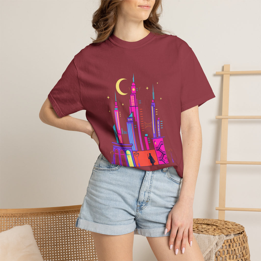 Power Runs Black PRB Neon City Skyline T-shirt | Vibrant Urban Nightscape Tee by Printify