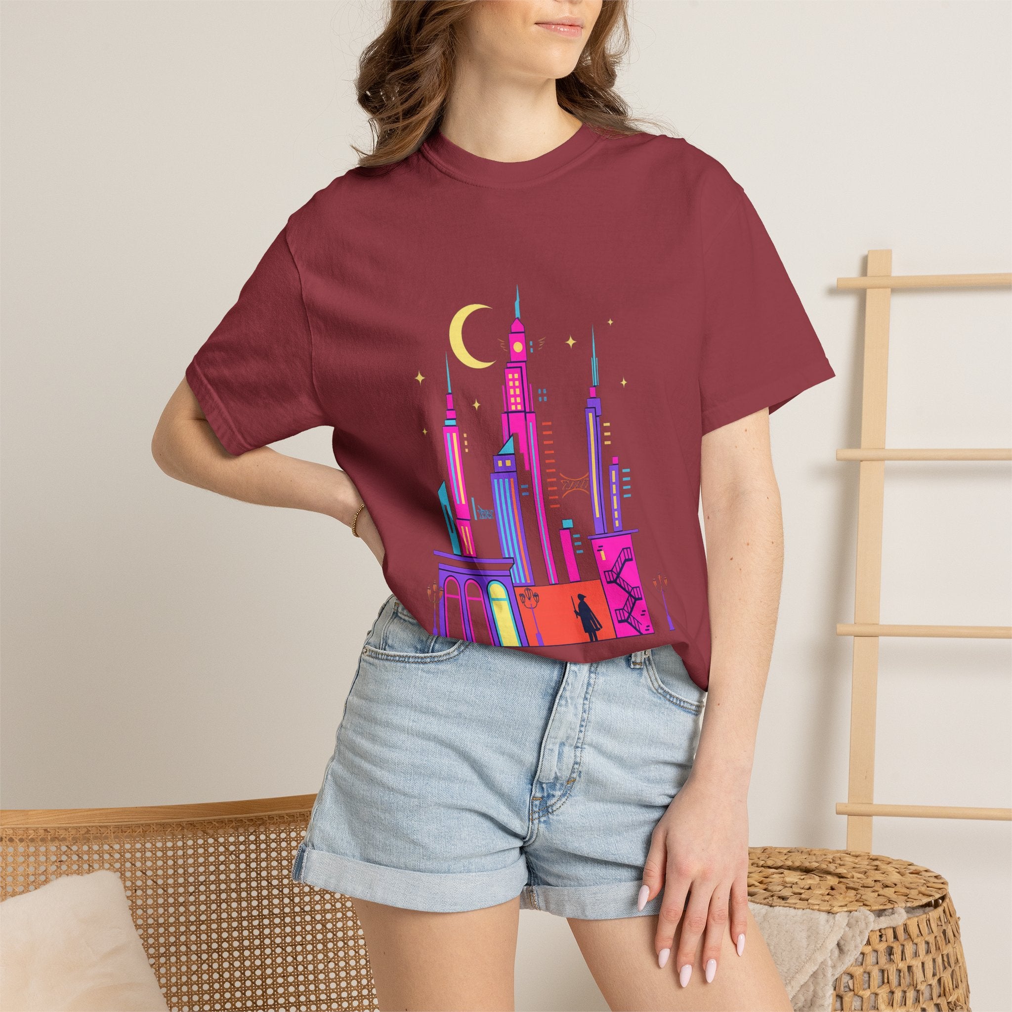 Power Runs Black PRB Neon City Skyline T-shirt | Vibrant Urban Nightscape Tee by Printify