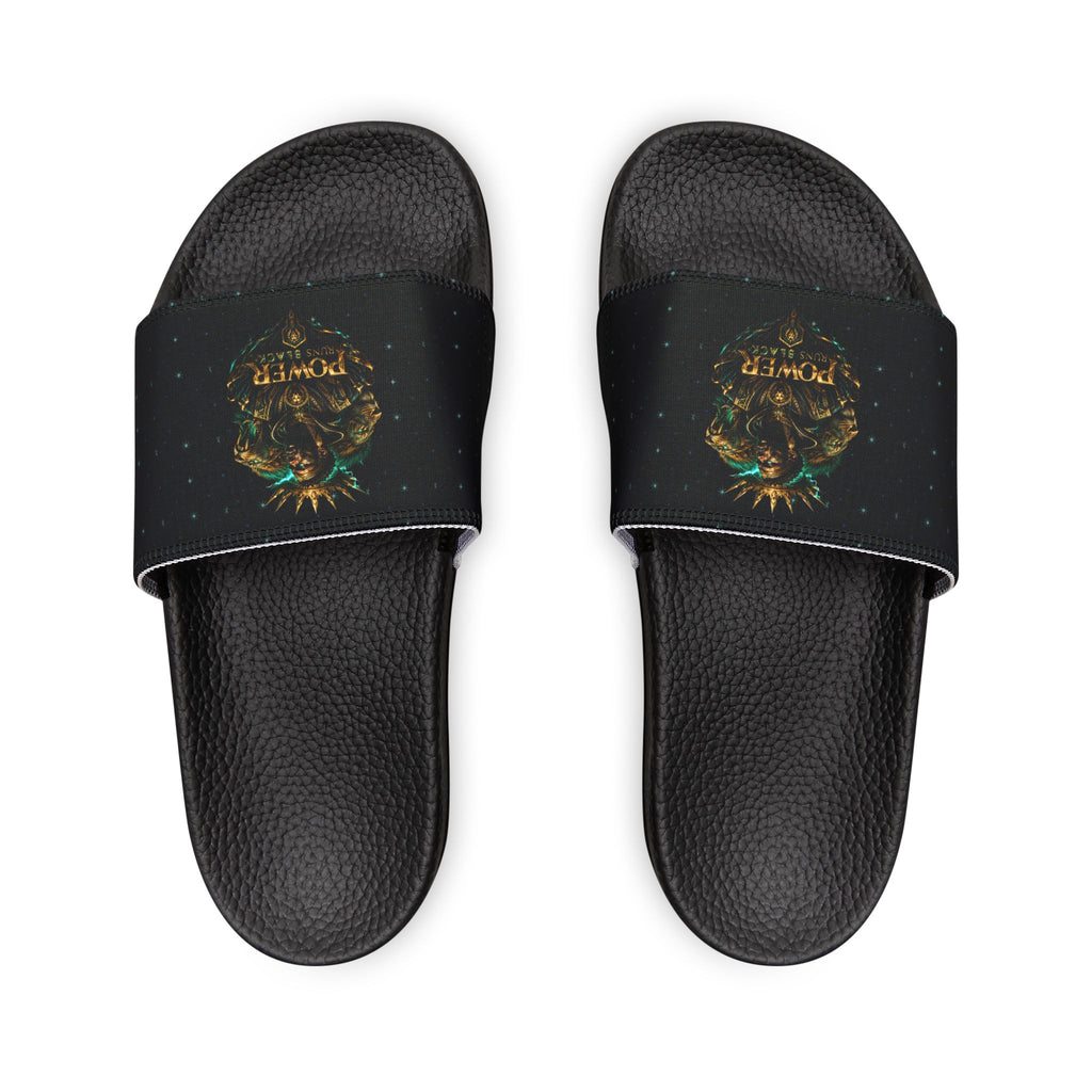 Power Runs Black Slide Sandals - Black Mythical Crest Logo Slides for Men by Power Runs Black