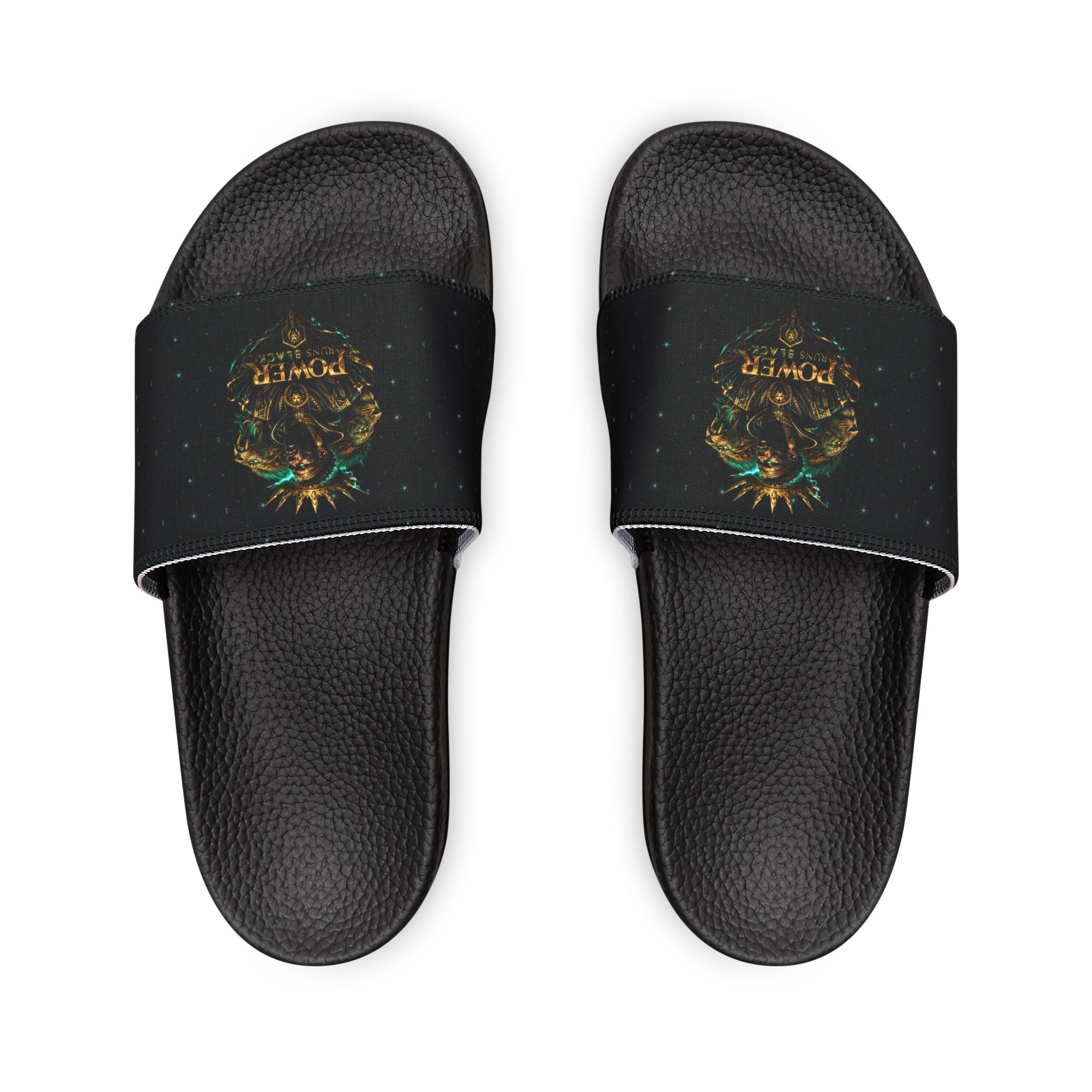 Power Runs Black Slide Sandals - Black Mythical Crest Logo Slides for Men by Power Runs Black