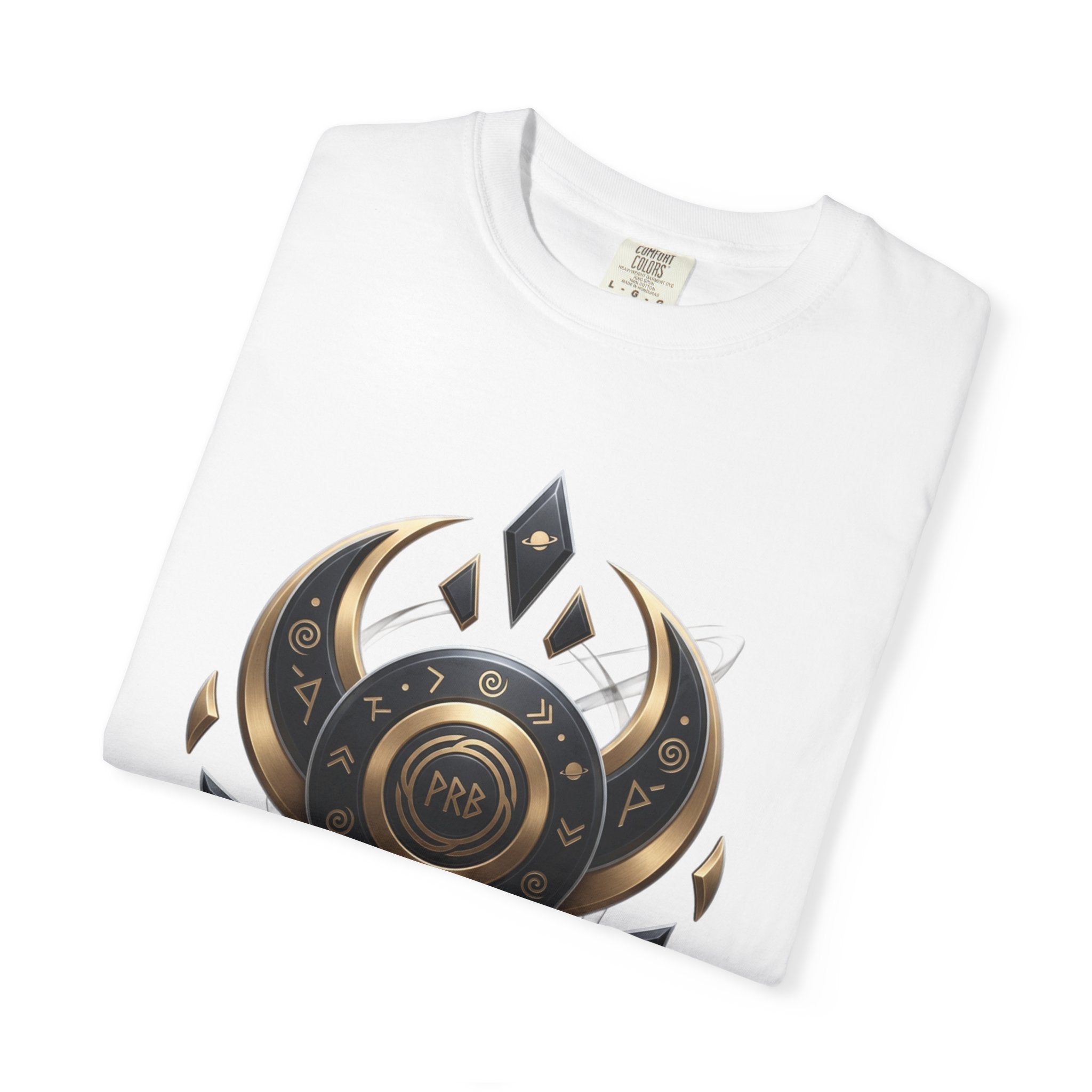 Power Runs Black Mystic Compass Disc T-Shirt — Geometric Gold & Black Emblem Tee by Printify