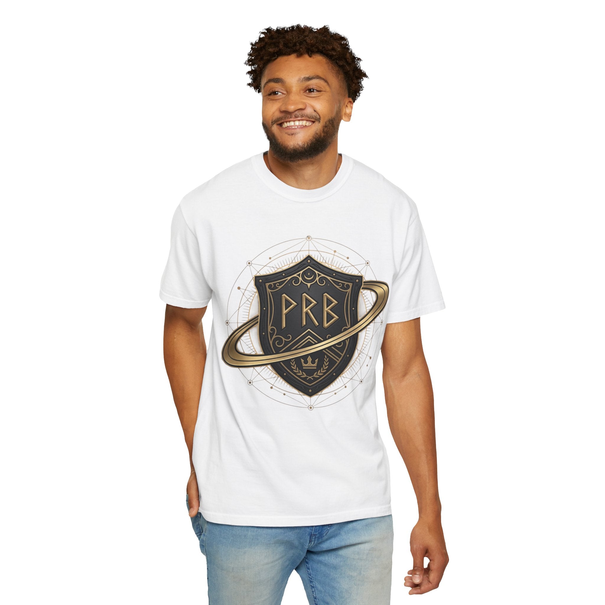 Power Runs Black Astral Crest Shield PRB T-Shirt | Saturn Ring Emblem, Gothic Heraldry by Printify
