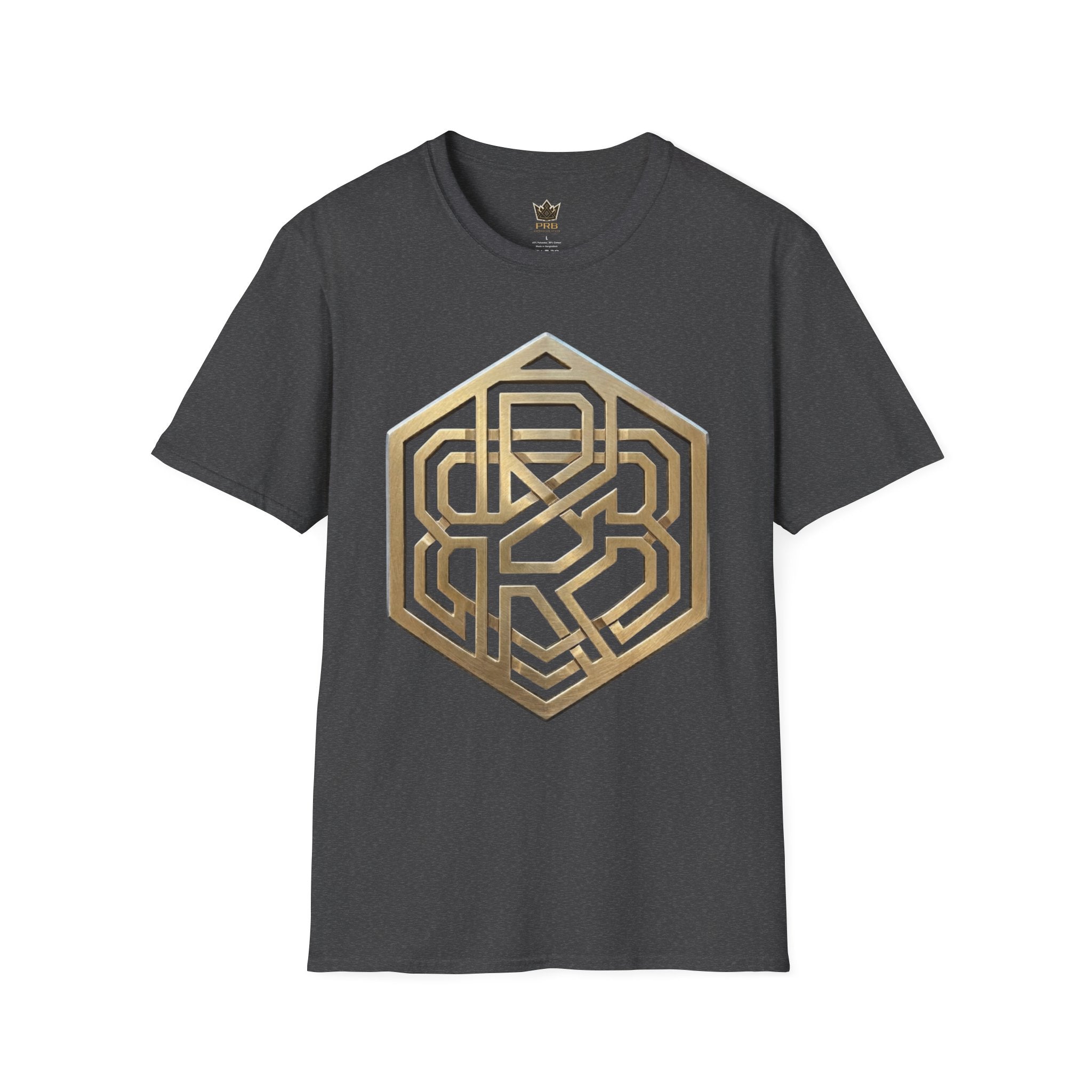 Power Runs Black PRB Geometric Gold Hexagon T-Shirt — Modern Maze Logo Tee by Printify