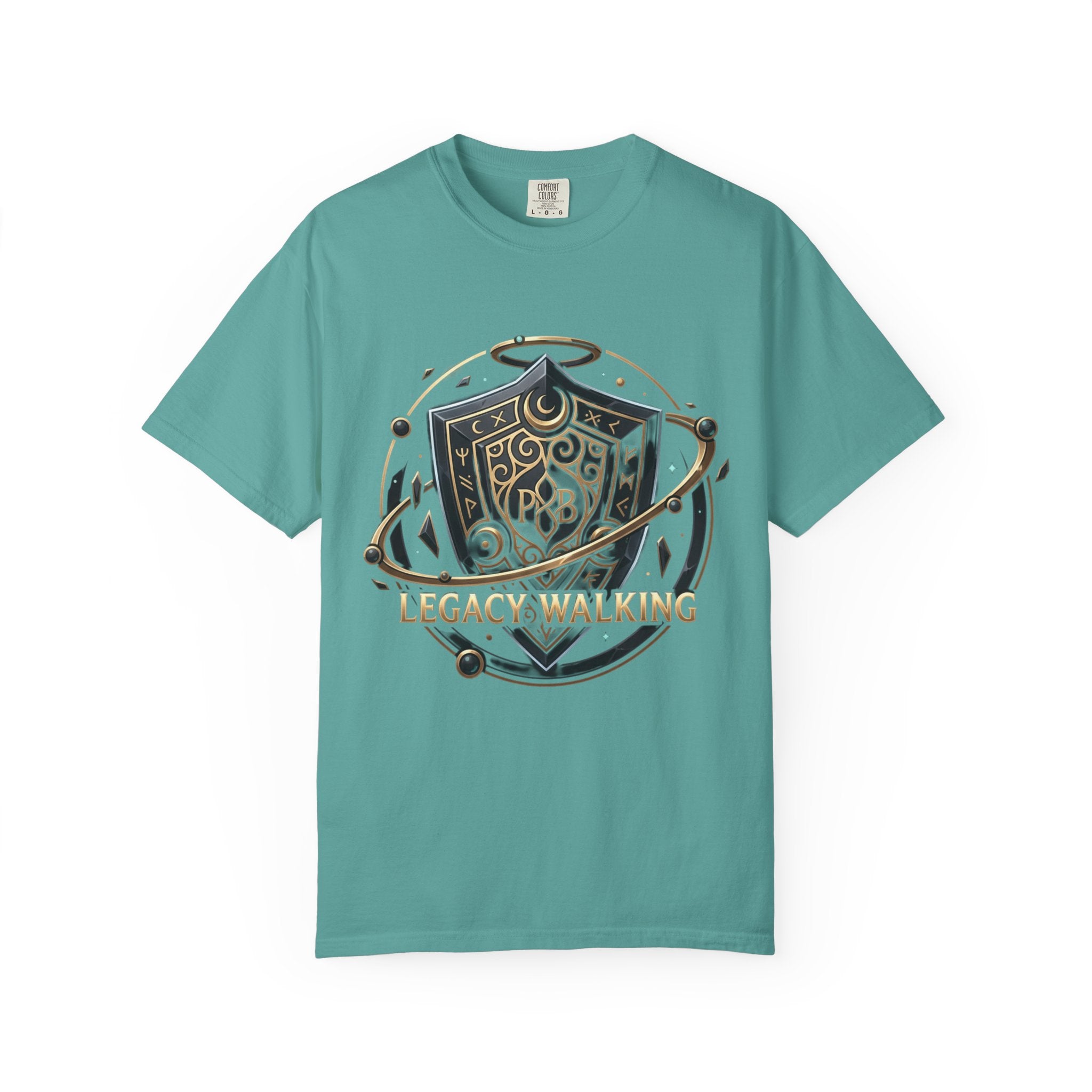 Legacy Walking Shield Graphic T-Shirt | Fantasy Crest Emblem Tee by Printify