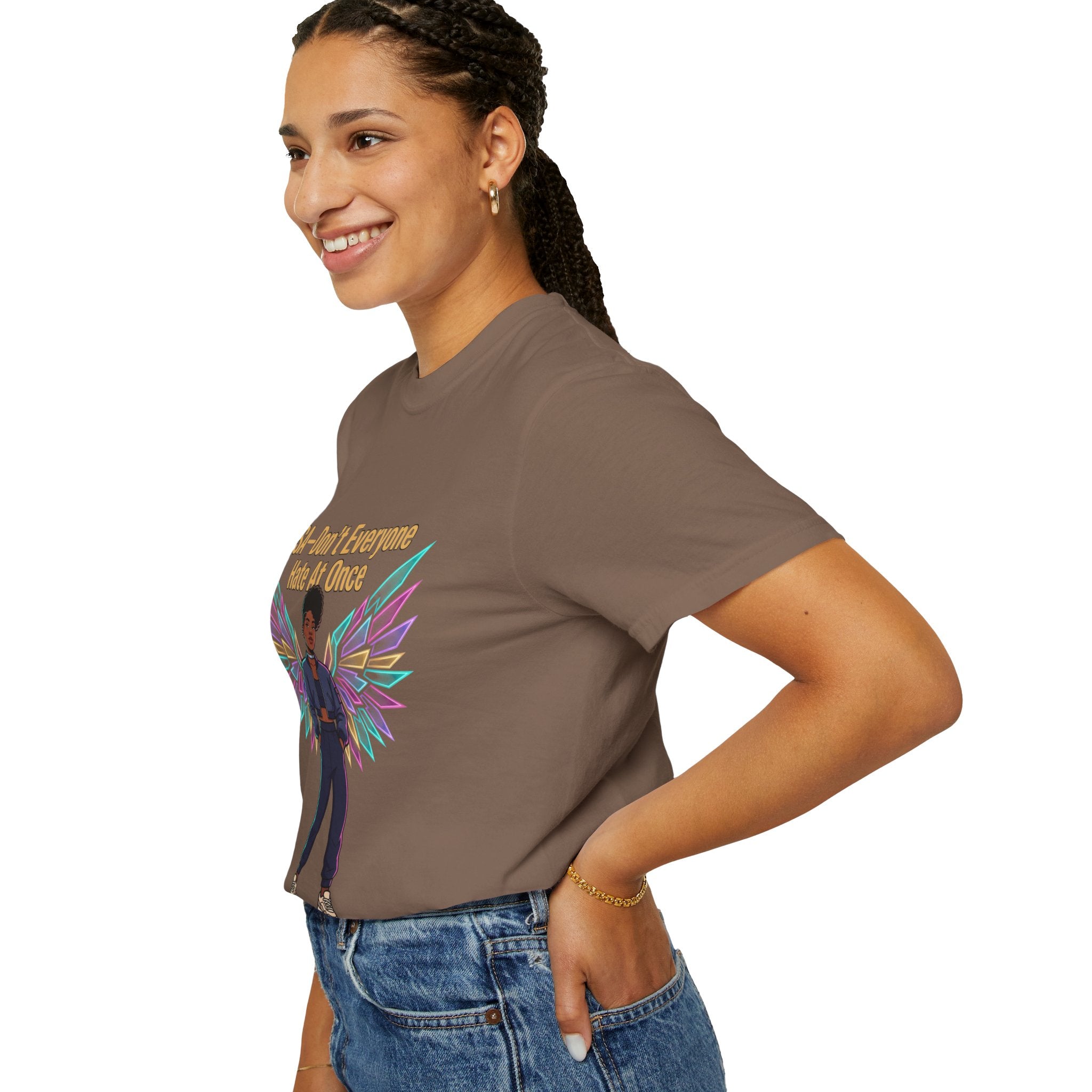 T-Shirt — PSA “Don't Everyone Hate At Once” Angel Wings Graphic Tee by Printify