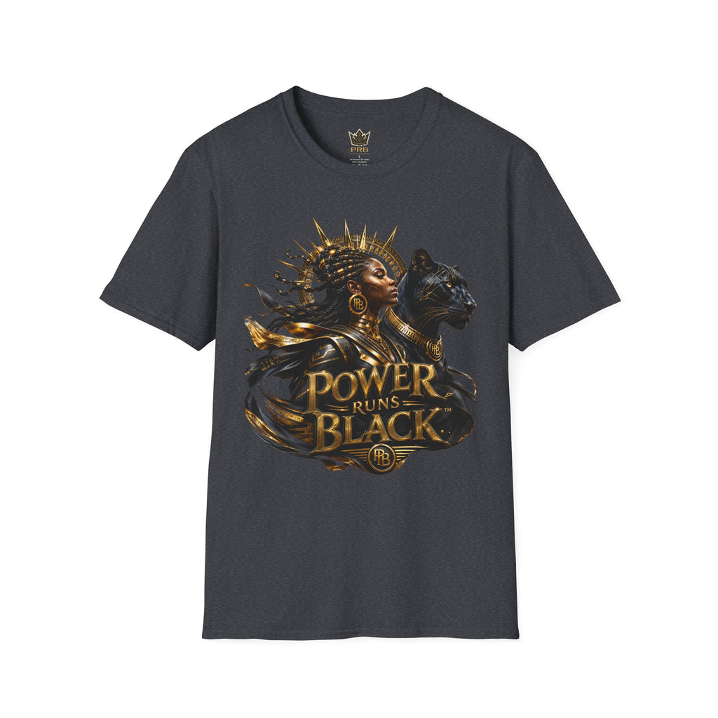 Power Runs Black PRB | Black Woman Portrait, Gold Accents Panther Graphics T by Power Runs Black