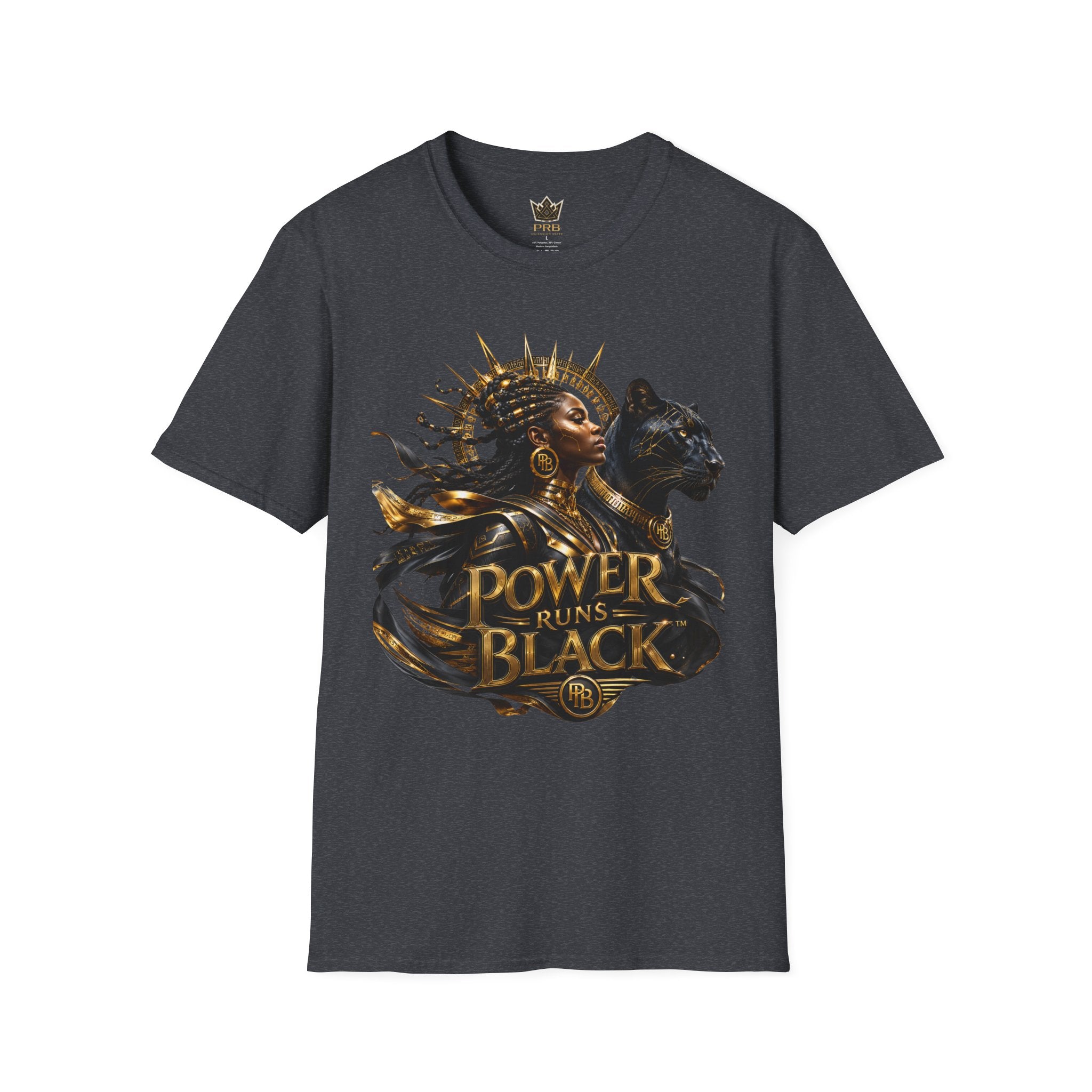 Power Runs Black PRB | Black Woman Portrait, Gold Accents Panther Graphics T by Power Runs Black