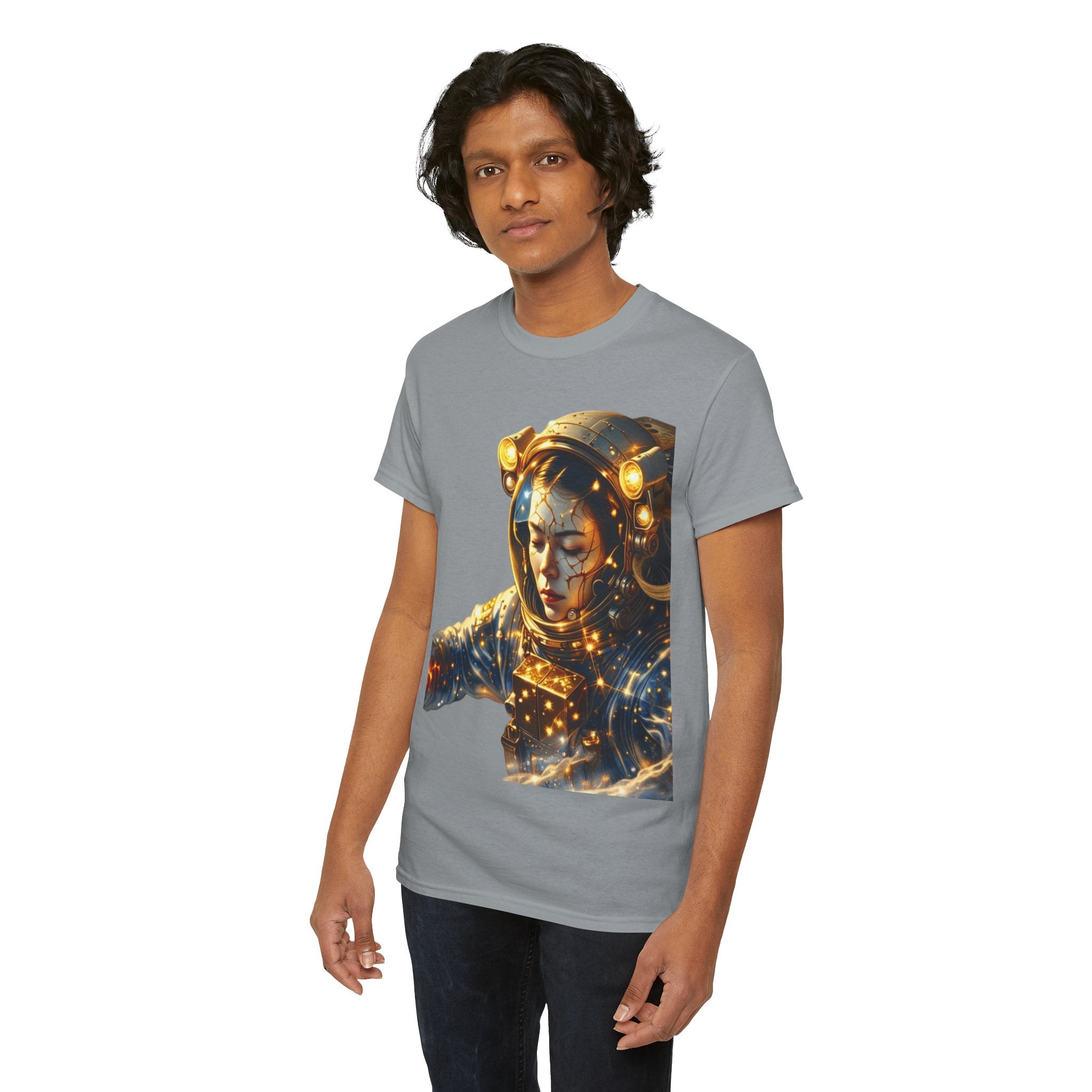 Power Runs Black PRB Golden Astronaut Portrait T-Shirt | Space Helmet Art, Cosmic Lights by Printify
