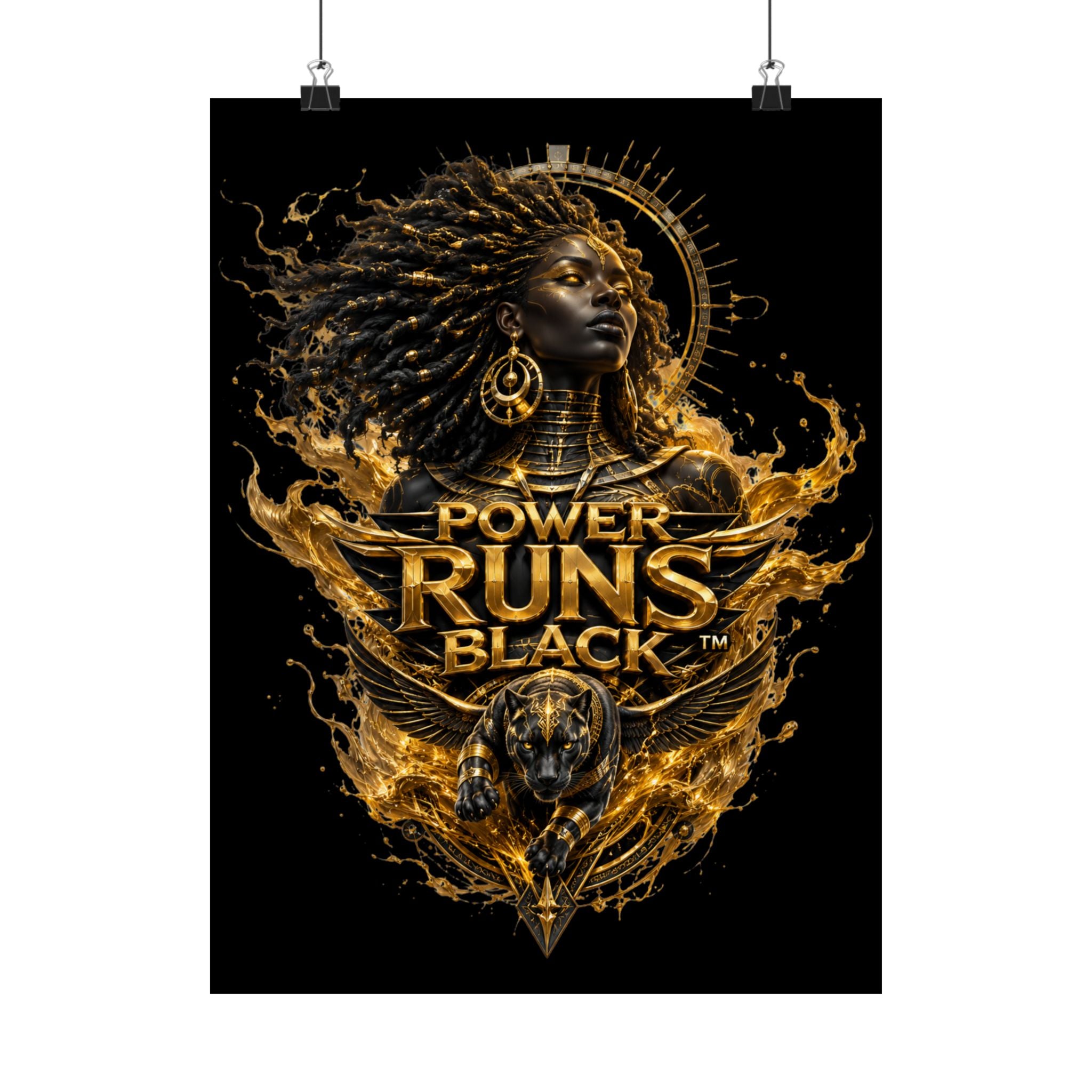 Power Runs Black Matte Poster — Afrocentric Gold Goddess Wall Art by Power Runs Black
