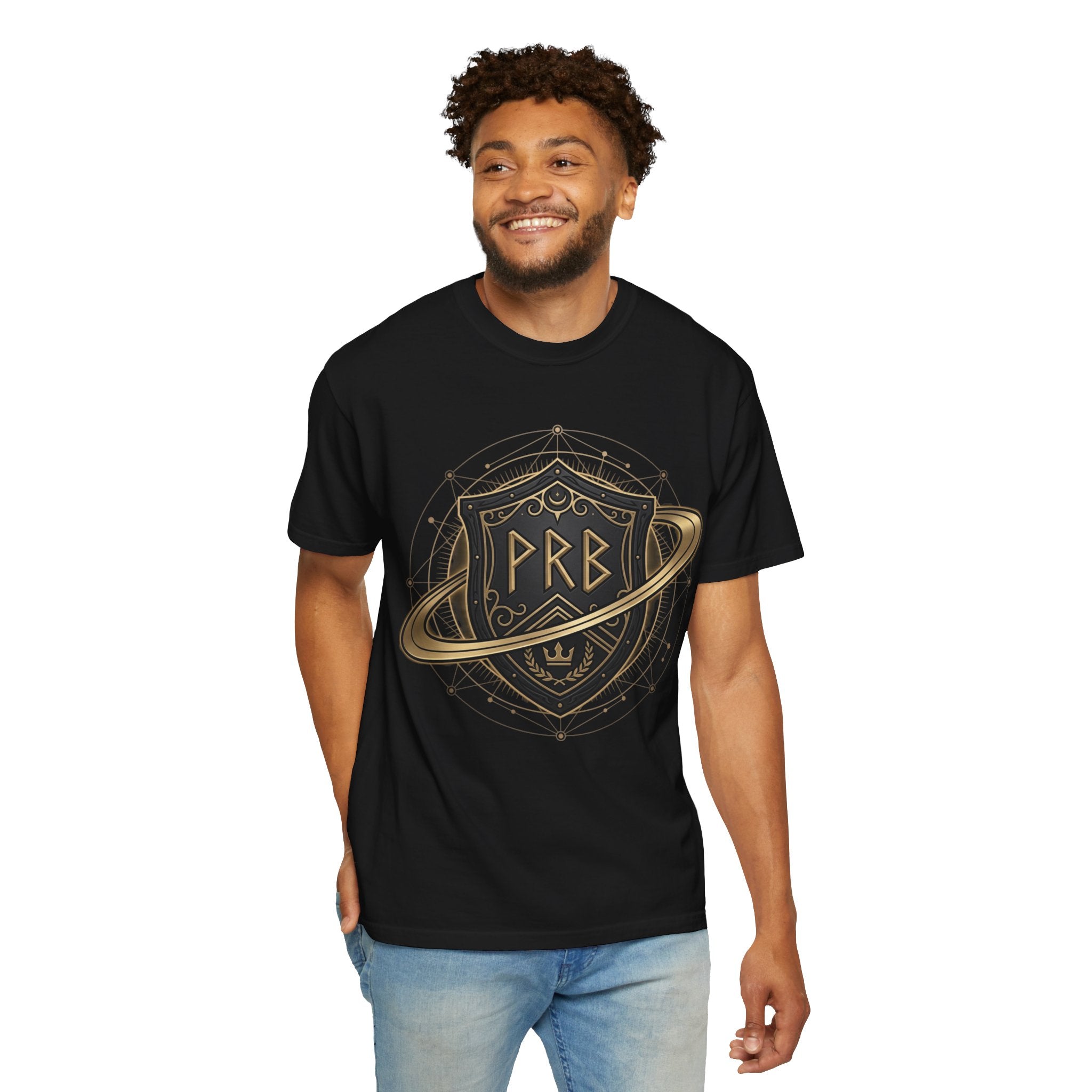Power Runs Black Astral Crest Shield PRB T-Shirt | Saturn Ring Emblem, Gothic Heraldry by Printify