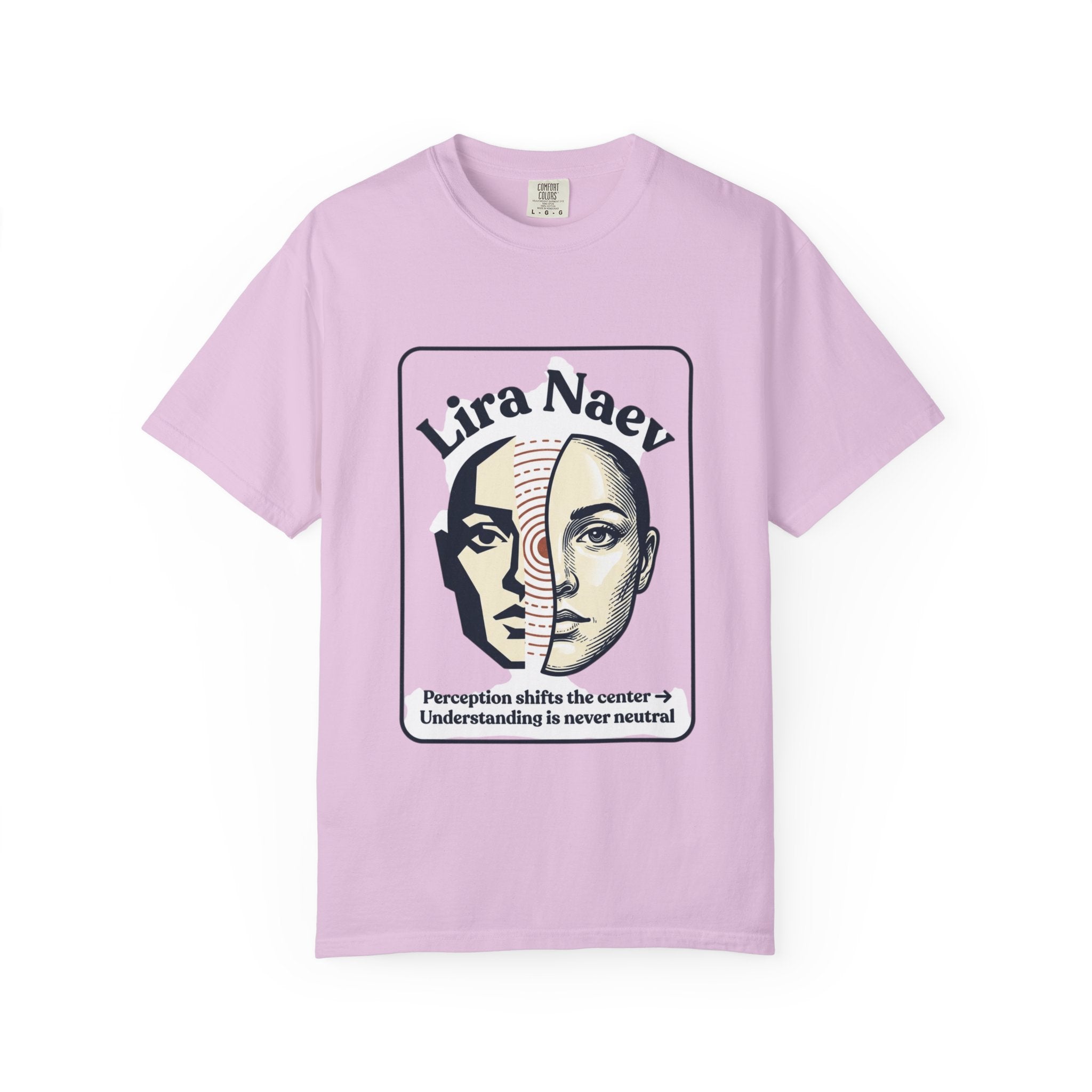 Power Runs Black PRB Lira Naev Split-Face Graphic T-Shirt — “Perception shifts the center” Statement Tee by Printify
