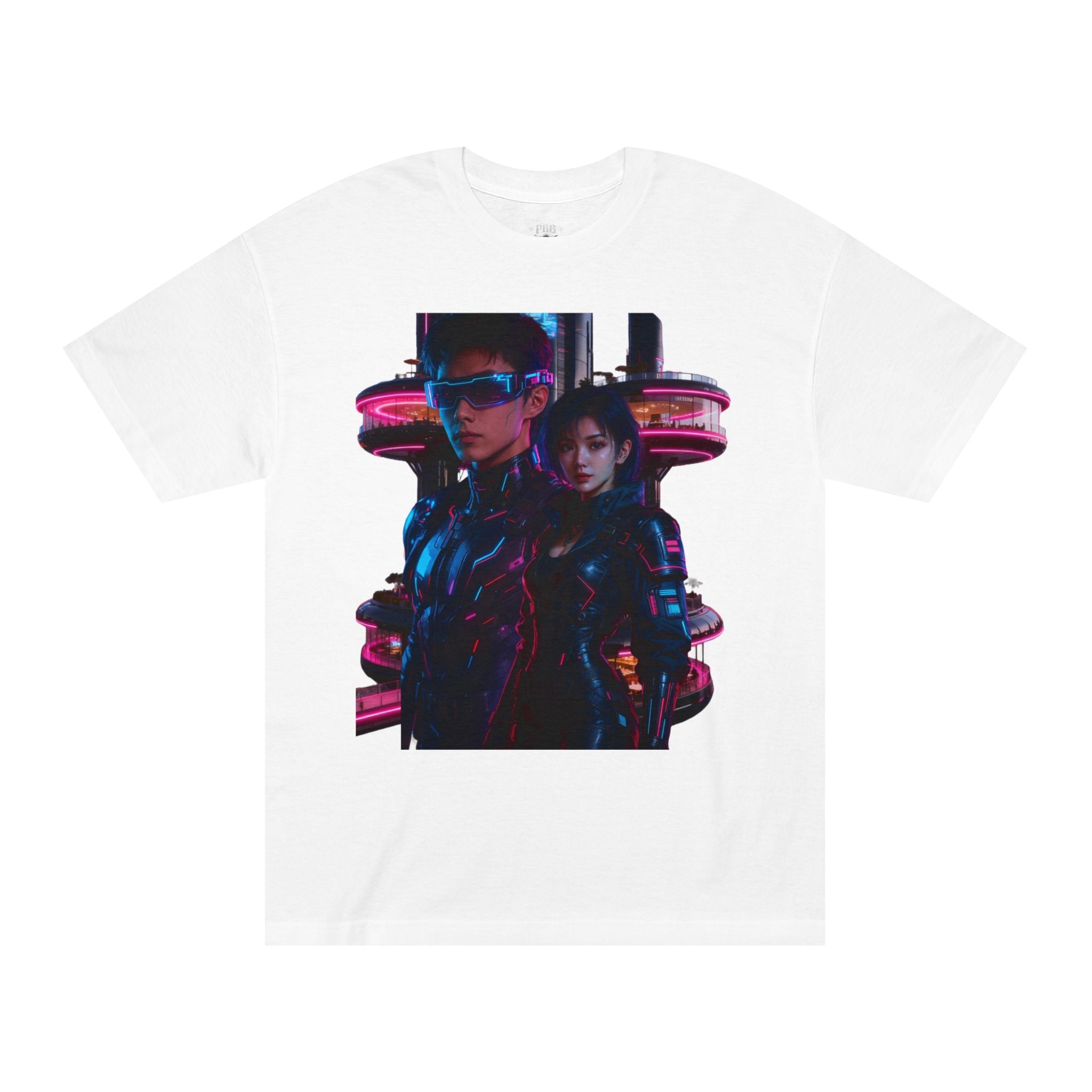 PRB Neon Tokyo Cyberpunk Couple T-Shirt | Futuristic Neon City Illustration by Printify
