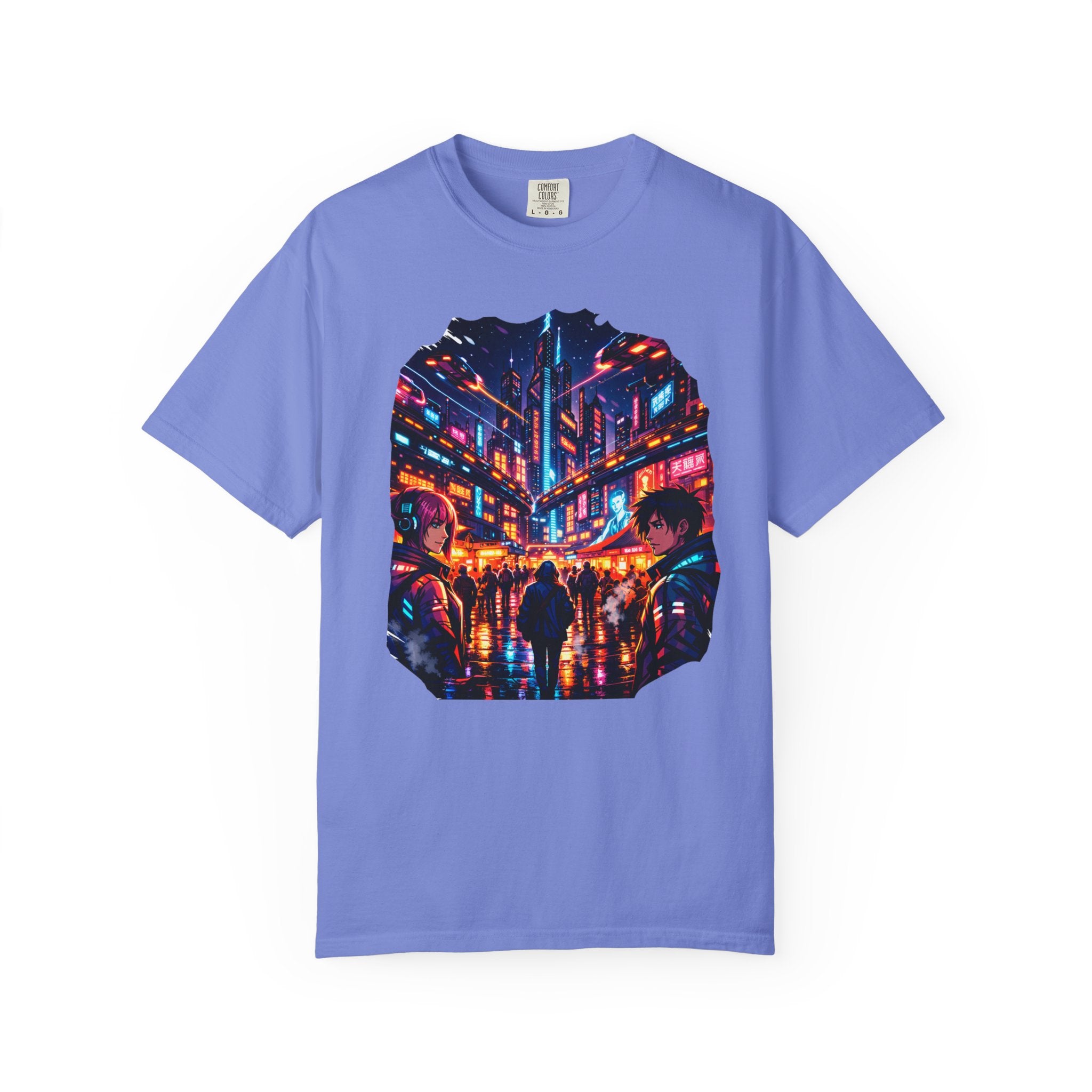 PRB Neon Cyberpunk Cityscape T-shirt | Anime Night Rain Streets by Power Runs Black