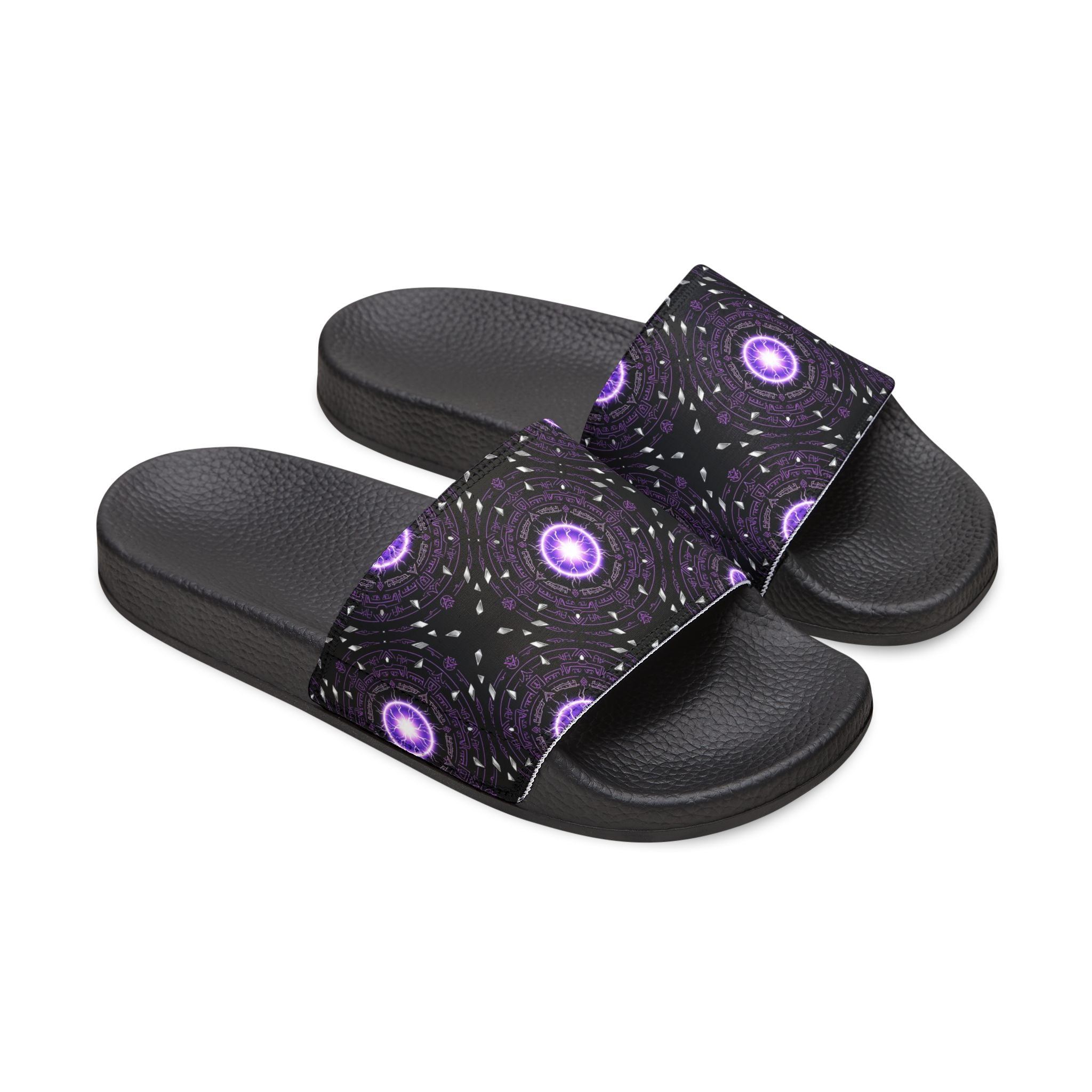 Power Runs Black Men's Removable-Strap Slide Sandals — Purple Cosmic Mandala Pattern by Power Runs Black