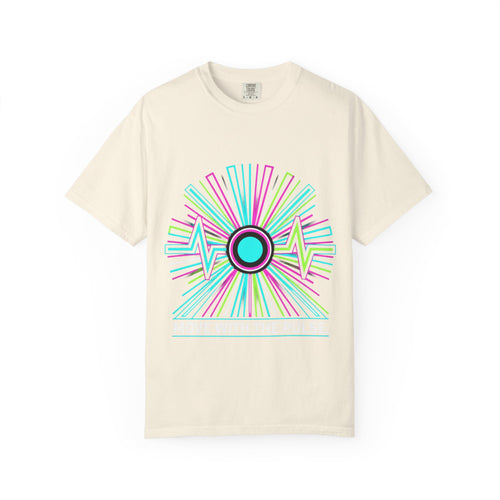 Power Runs Black PRB Electric "Move With Pulse" Graphic T-Shirt — Neon Sunburst Design by Printify