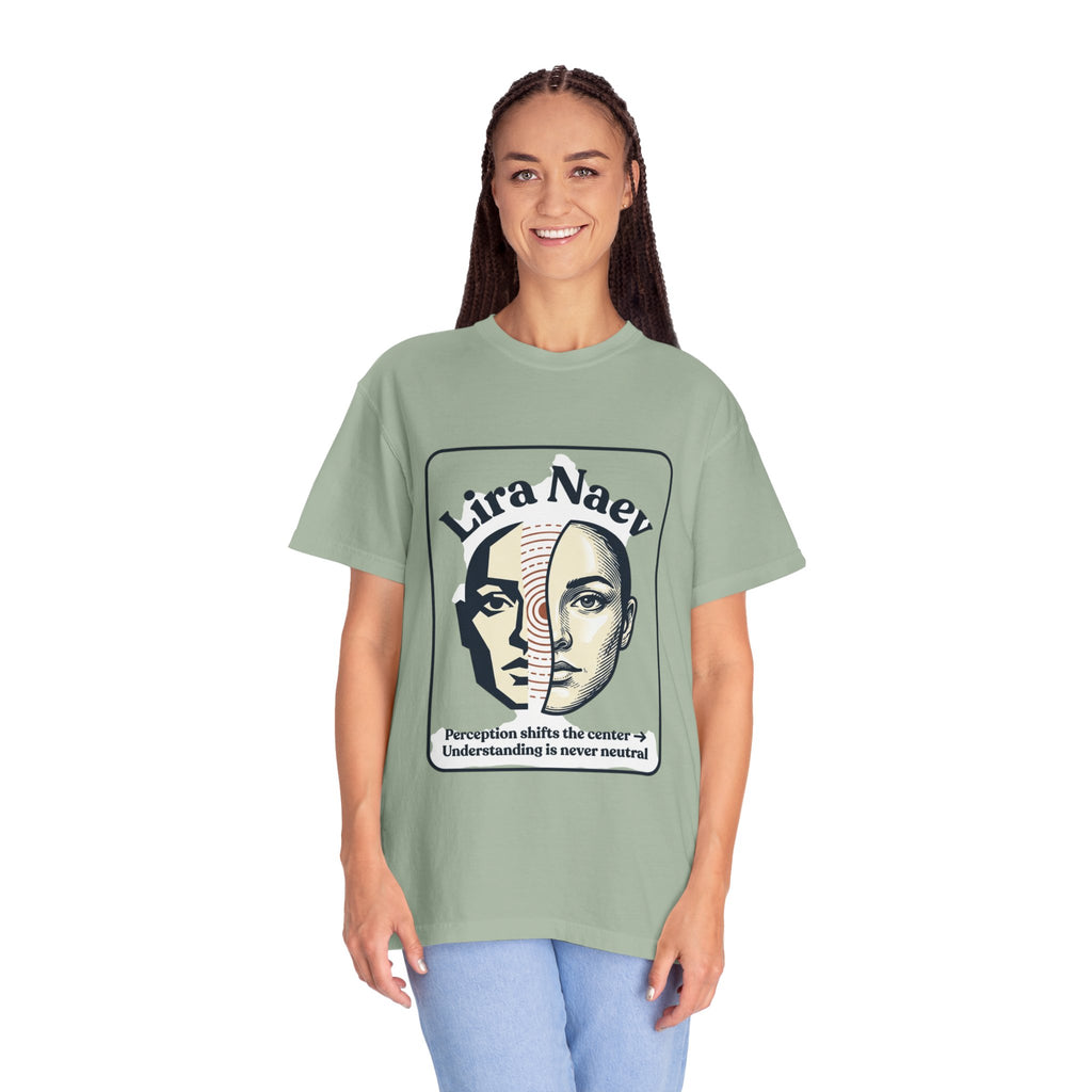Power Runs Black PRB Lira Naev Split-Face Graphic T-Shirt — “Perception shifts the center” Statement Tee by Printify