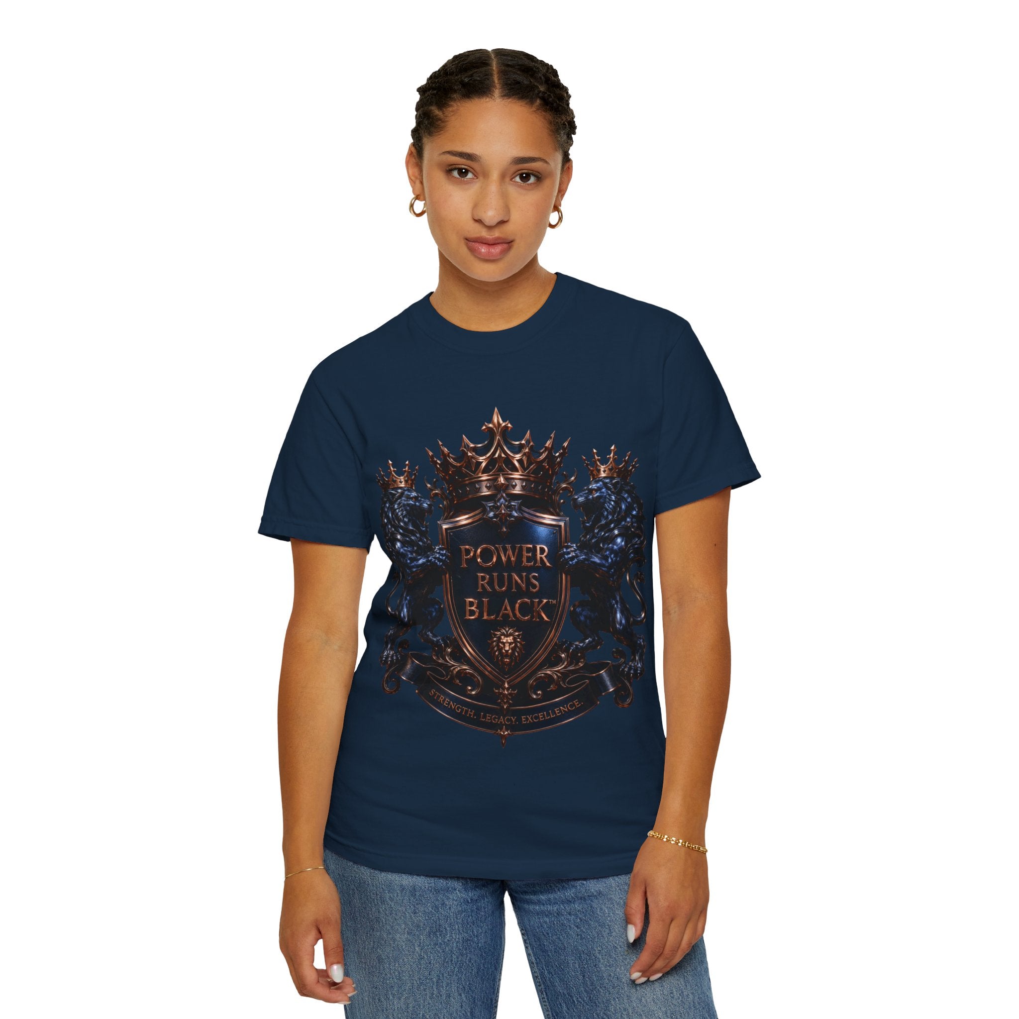Power Runs Black Crest T-shirt | Heraldic Lion Shield Tee by Power Runs Black