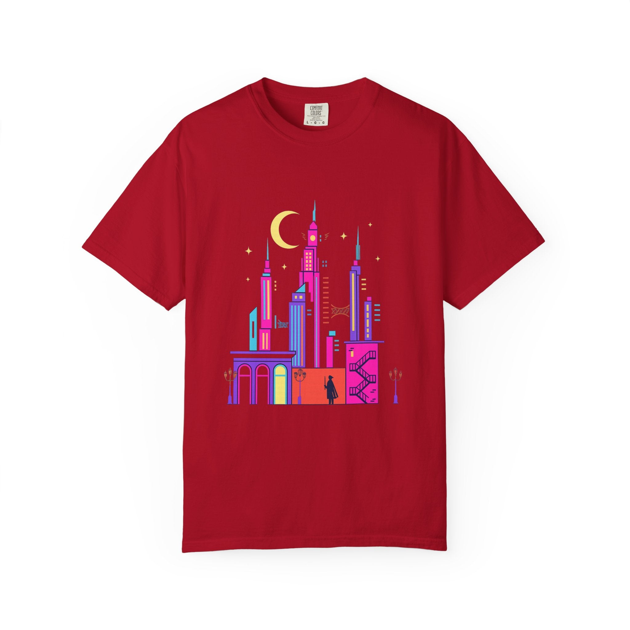Power Runs Black PRB Neon City Skyline T-shirt | Vibrant Urban Nightscape Tee by Printify