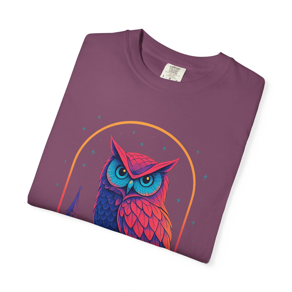 Neon Owl Illustration T-Shirt | Night Church Graphic Tee by Printify