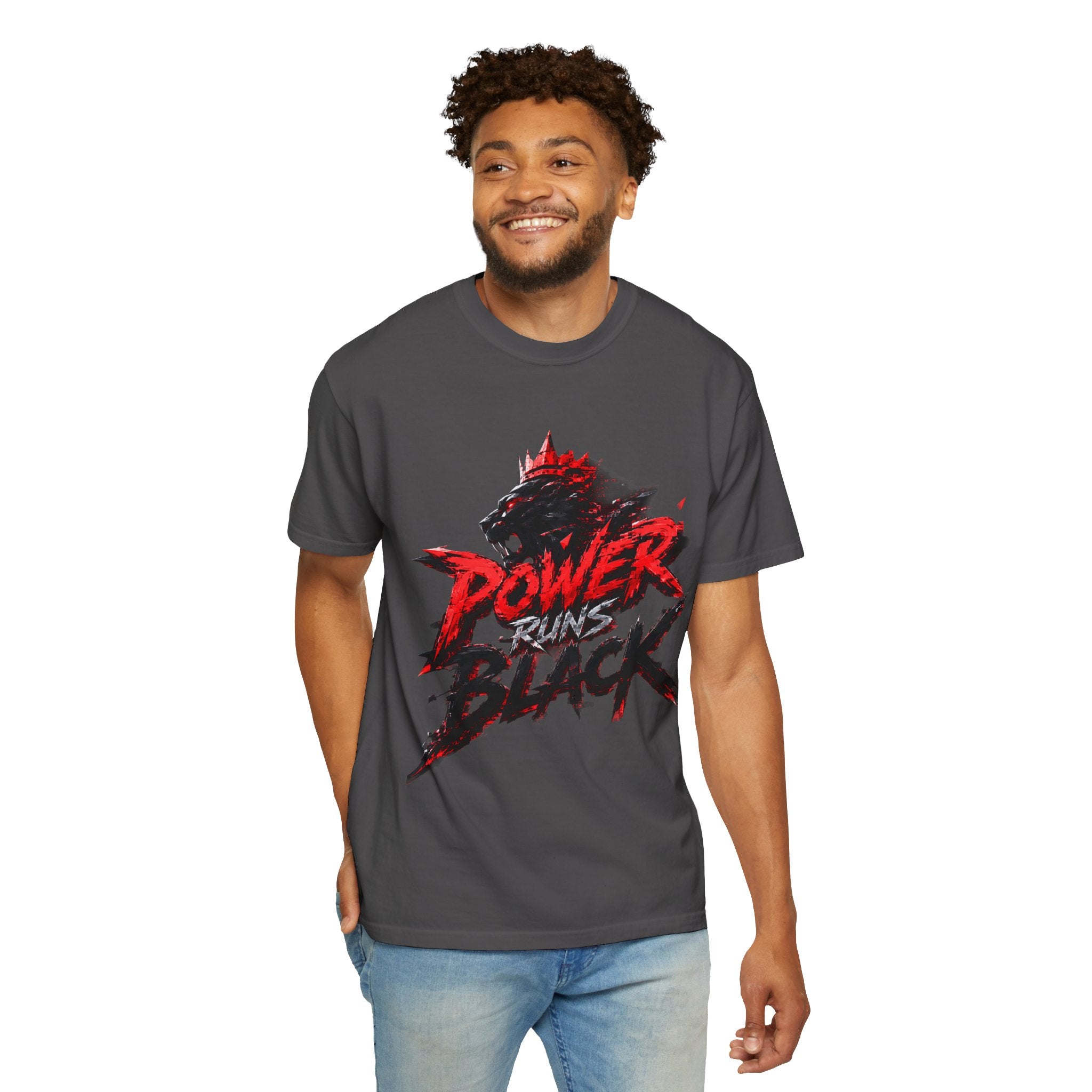 Power Runs Black T-shirt | Wolf Silhouette, Red Black Graphic Tee by Power Runs Black