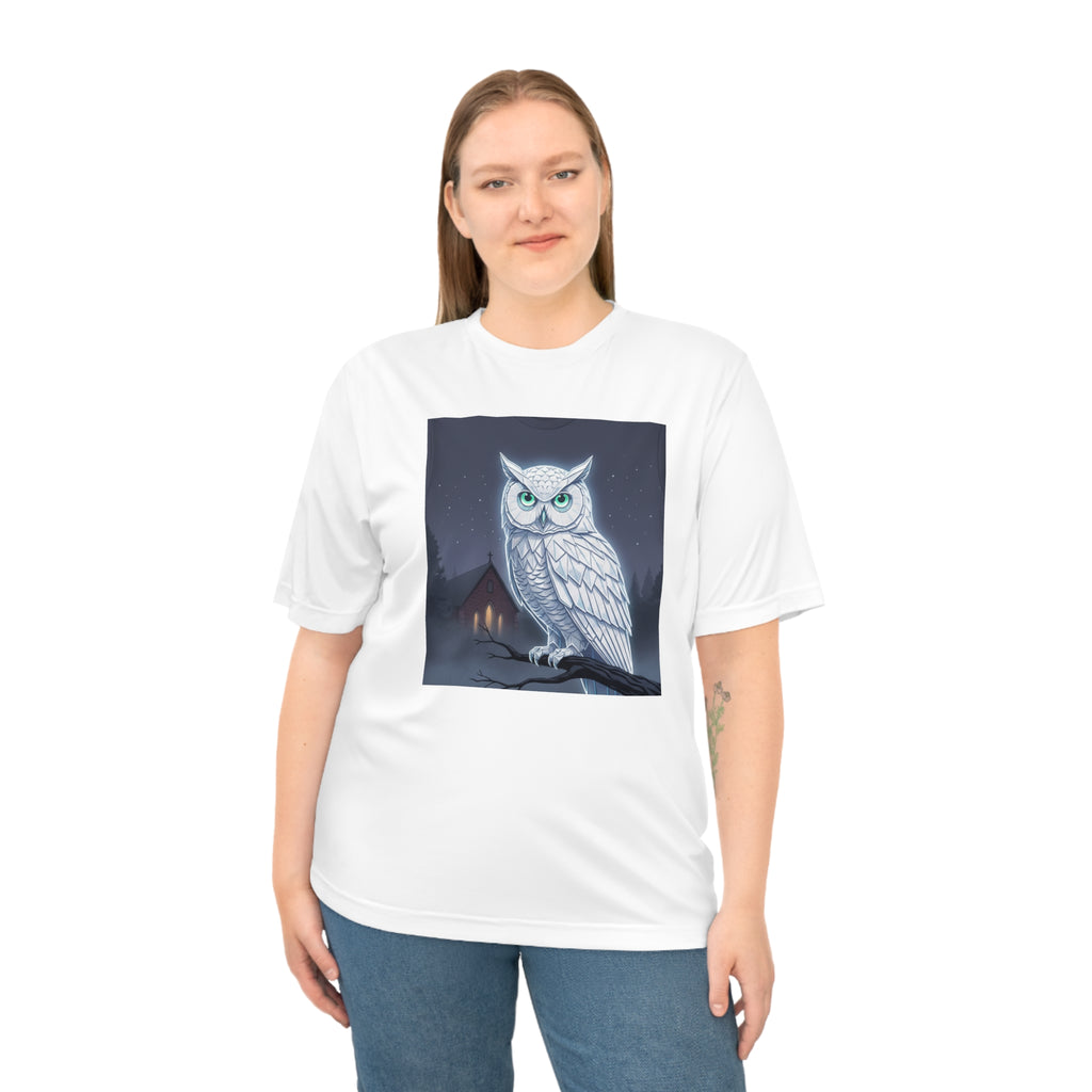 PRB White Snowy Owl Illustration T-shirt | Moonlit Night, Cabin Scene by Printify