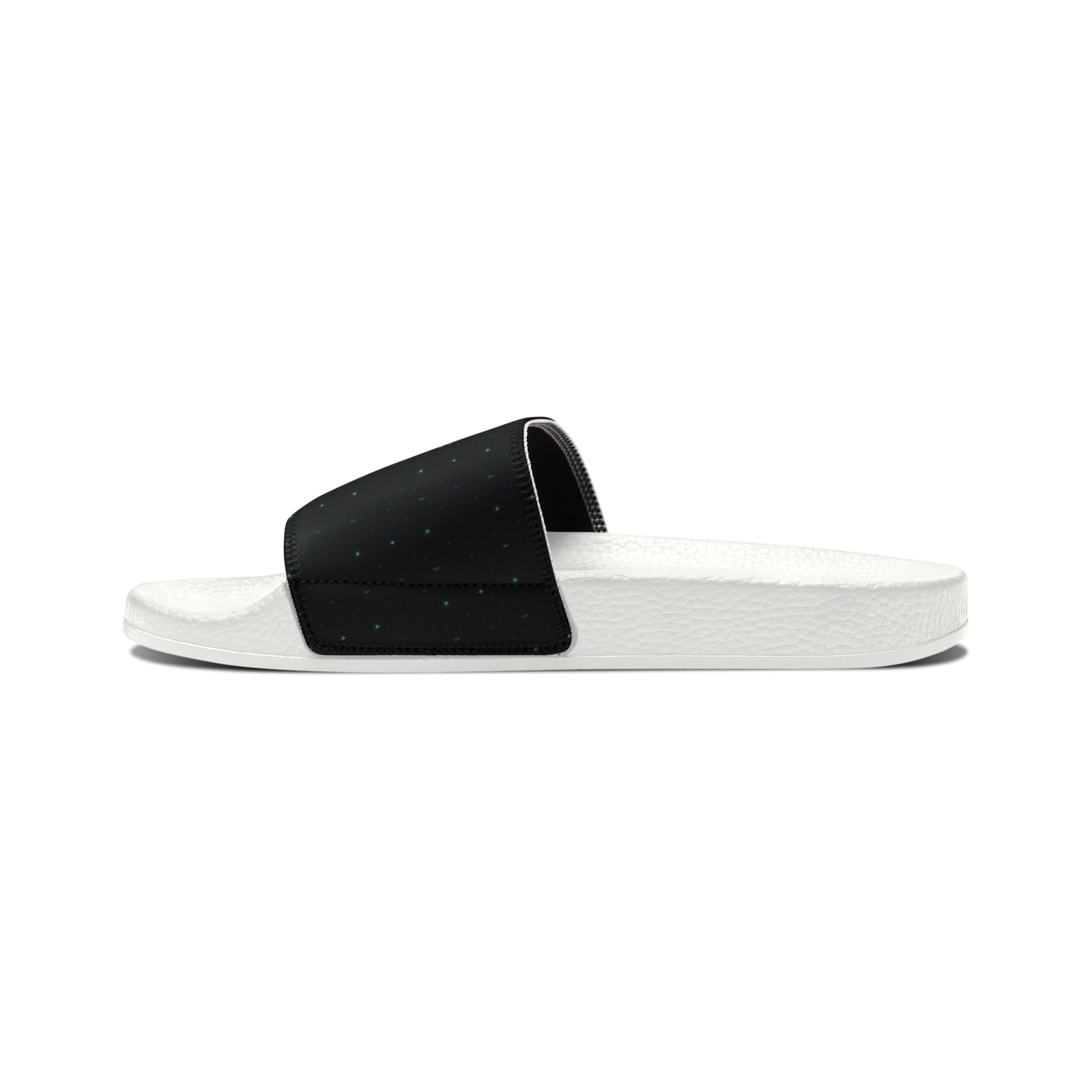 Power Runs Black Slide Sandals - Black Mythical Crest Logo Slides for Men by Power Runs Black