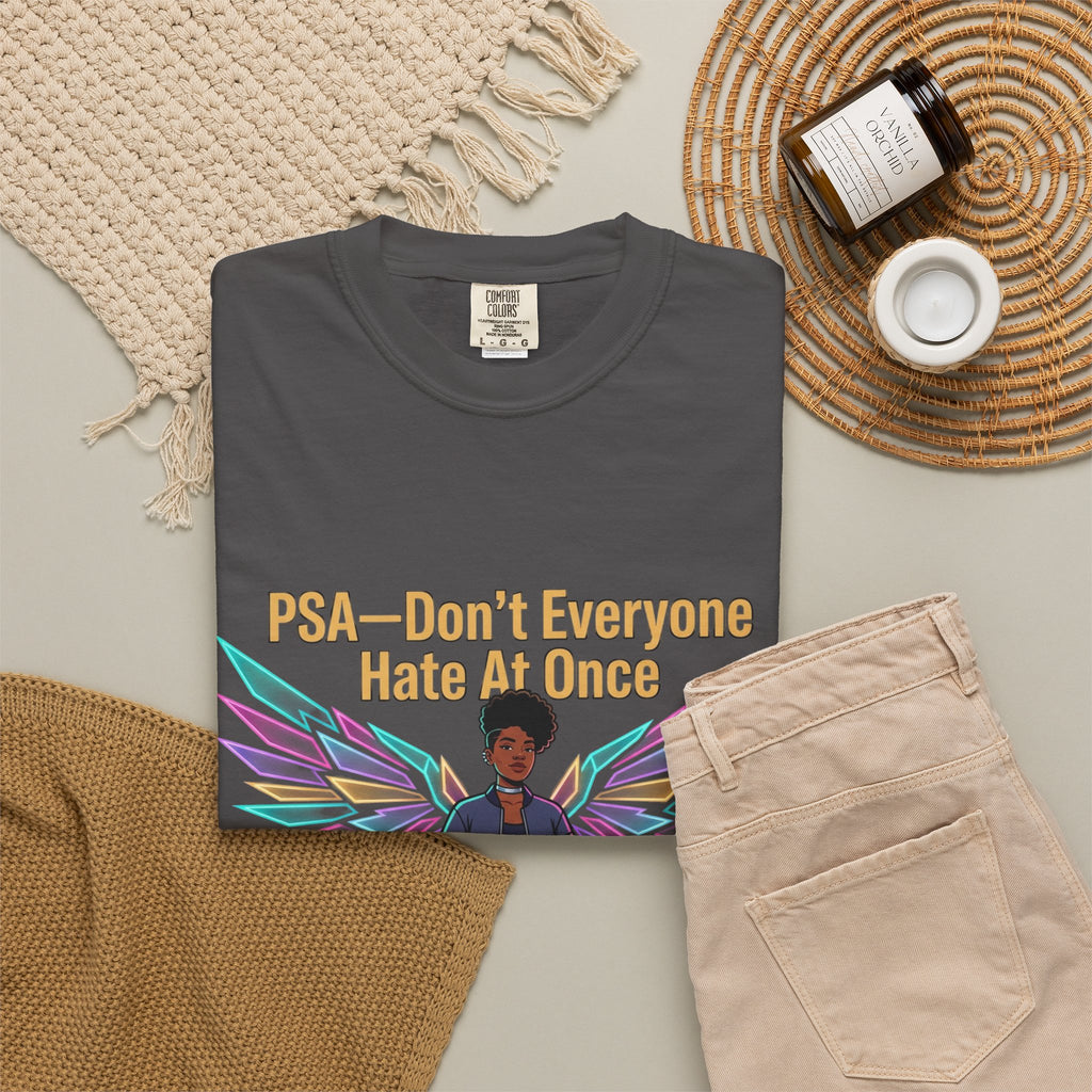 T-Shirt — PSA “Don't Everyone Hate At Once” Angel Wings Graphic Tee by Printify