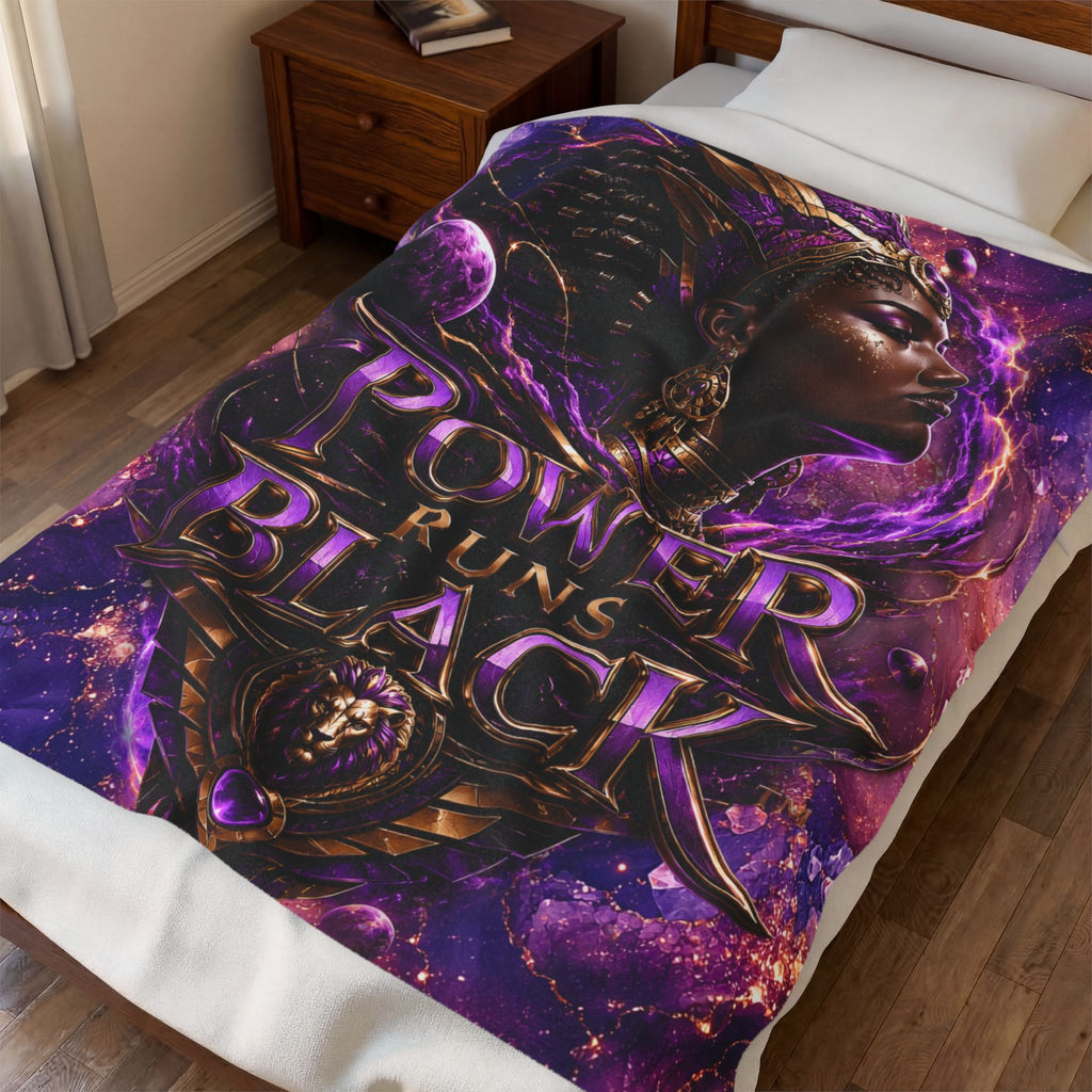 Power Runs Black Velveteen Plush Blanket - "Power Runs Black" Inspirational Afrocentric Throw Blanket by Power Runs Black