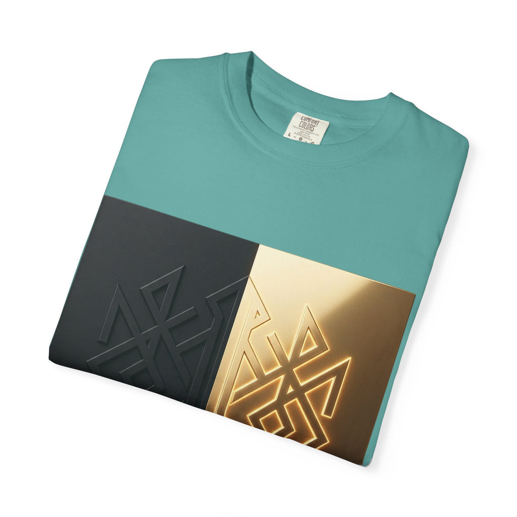 Power Runs Black PRB Geometric Split Glow T-Shirt — Black & Gold Tribal Diamond Graphic by Power Runs Black