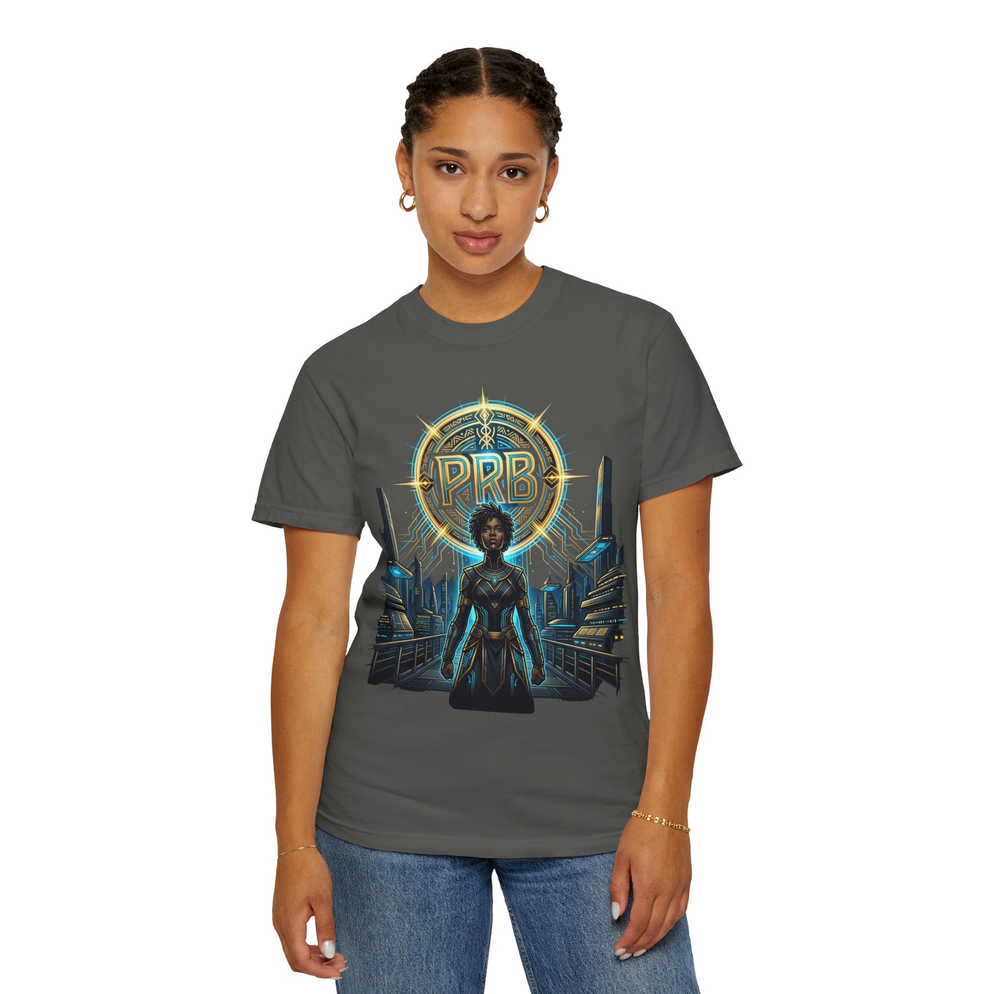 Futuristic Warrior Afrofuturist Graphic T-Shirt | Sci-Fi Streetwear Tee by Printify