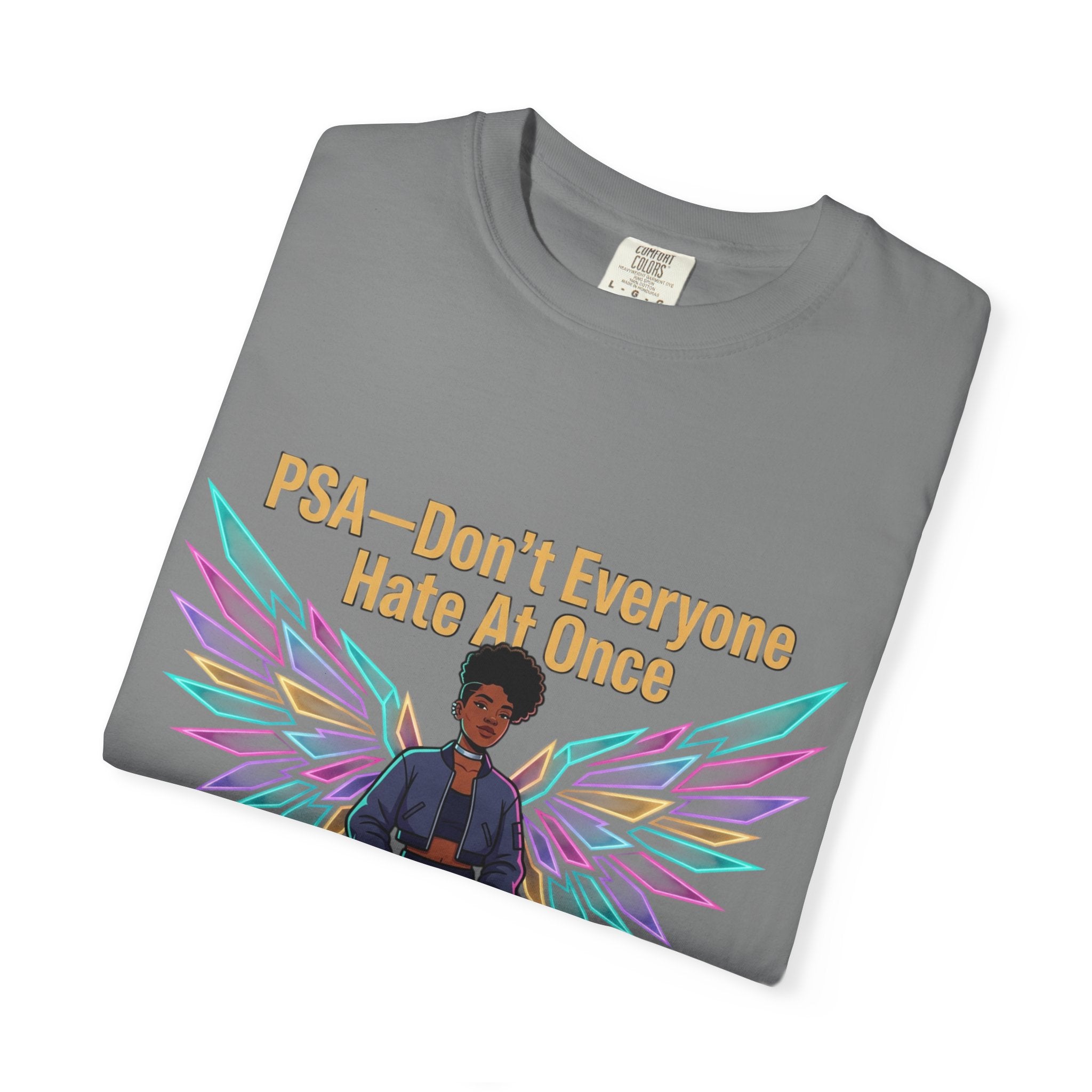 T-Shirt — PSA “Don't Everyone Hate At Once” Angel Wings Graphic Tee by Printify
