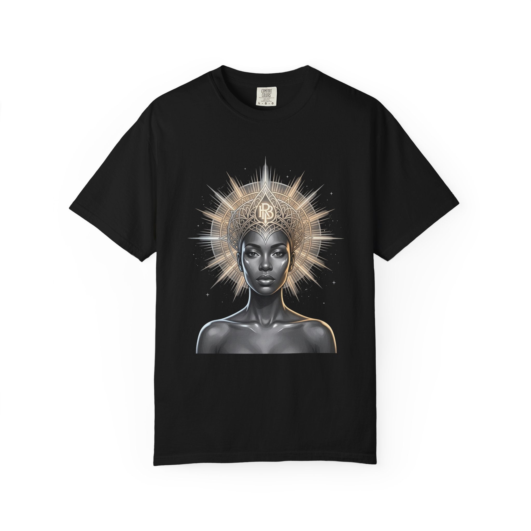 Printify PRB Goddess Halo T‑Shirt — Black Goddess Portrait with Ornate Gold Headdress - T-Shirt