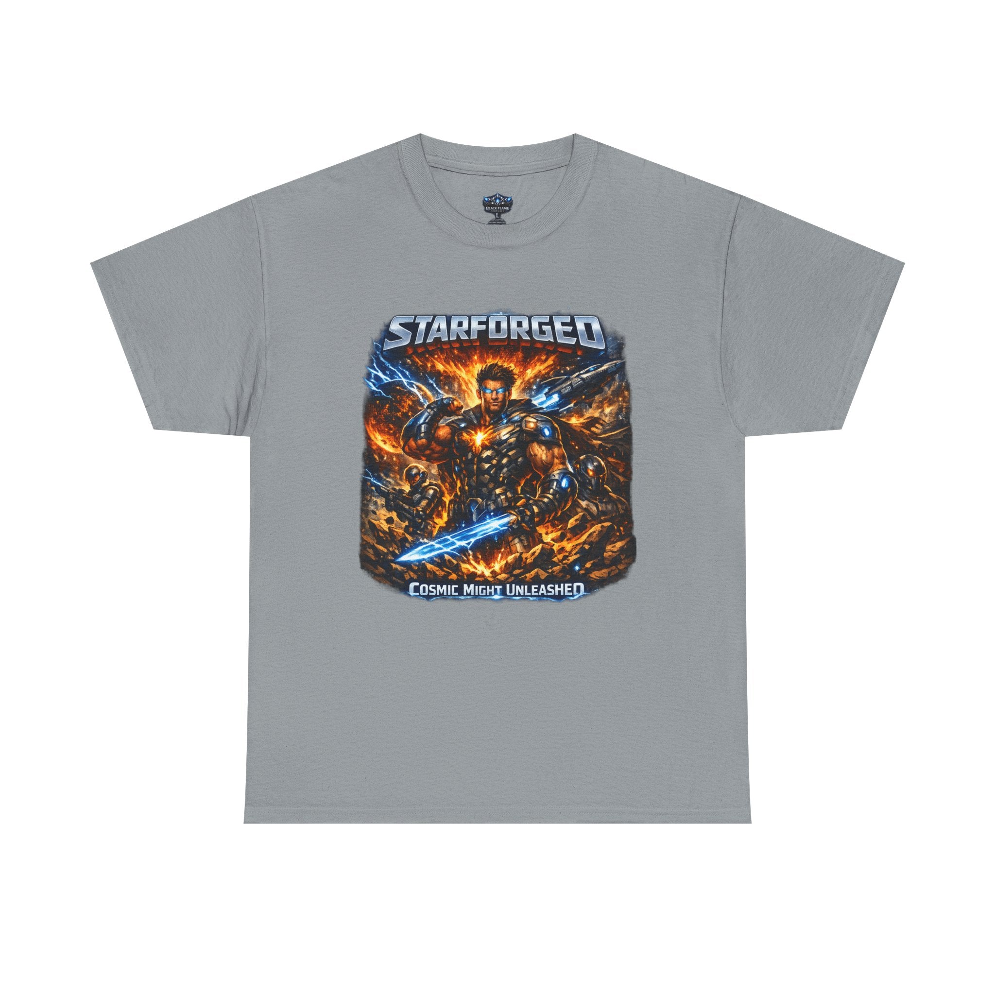 Starforged Flex : Cosmic Might Unleashed Illustration Graphic T by Power Runs Black