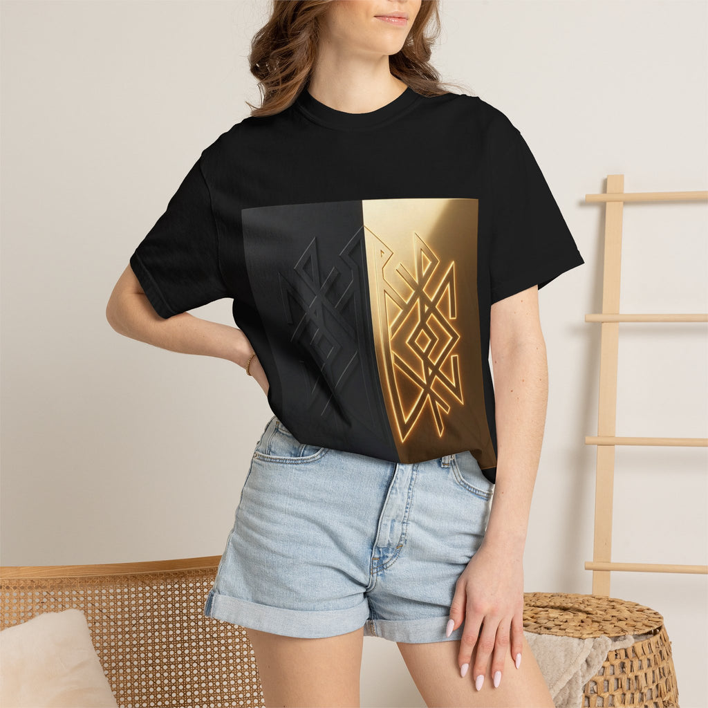 Power Runs Black PRB Geometric Split Glow T-Shirt — Black & Gold Tribal Diamond Graphic by Power Runs Black