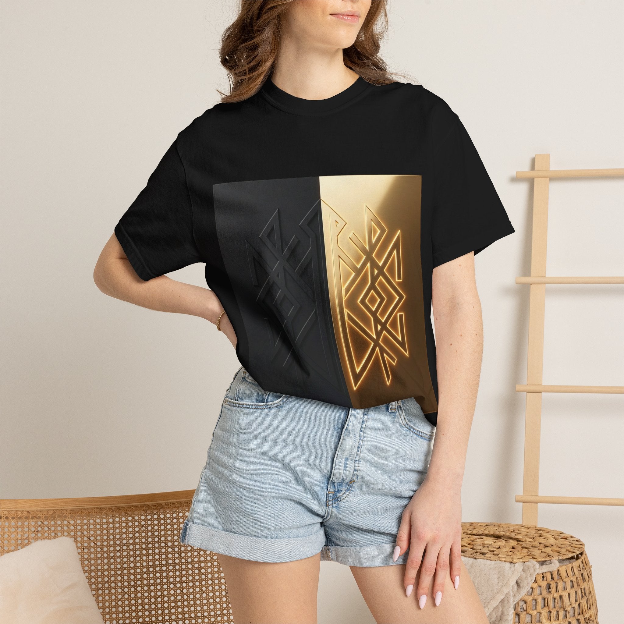 Power Runs Black PRB Geometric Split Glow T-Shirt — Black & Gold Tribal Diamond Graphic by Power Runs Black
