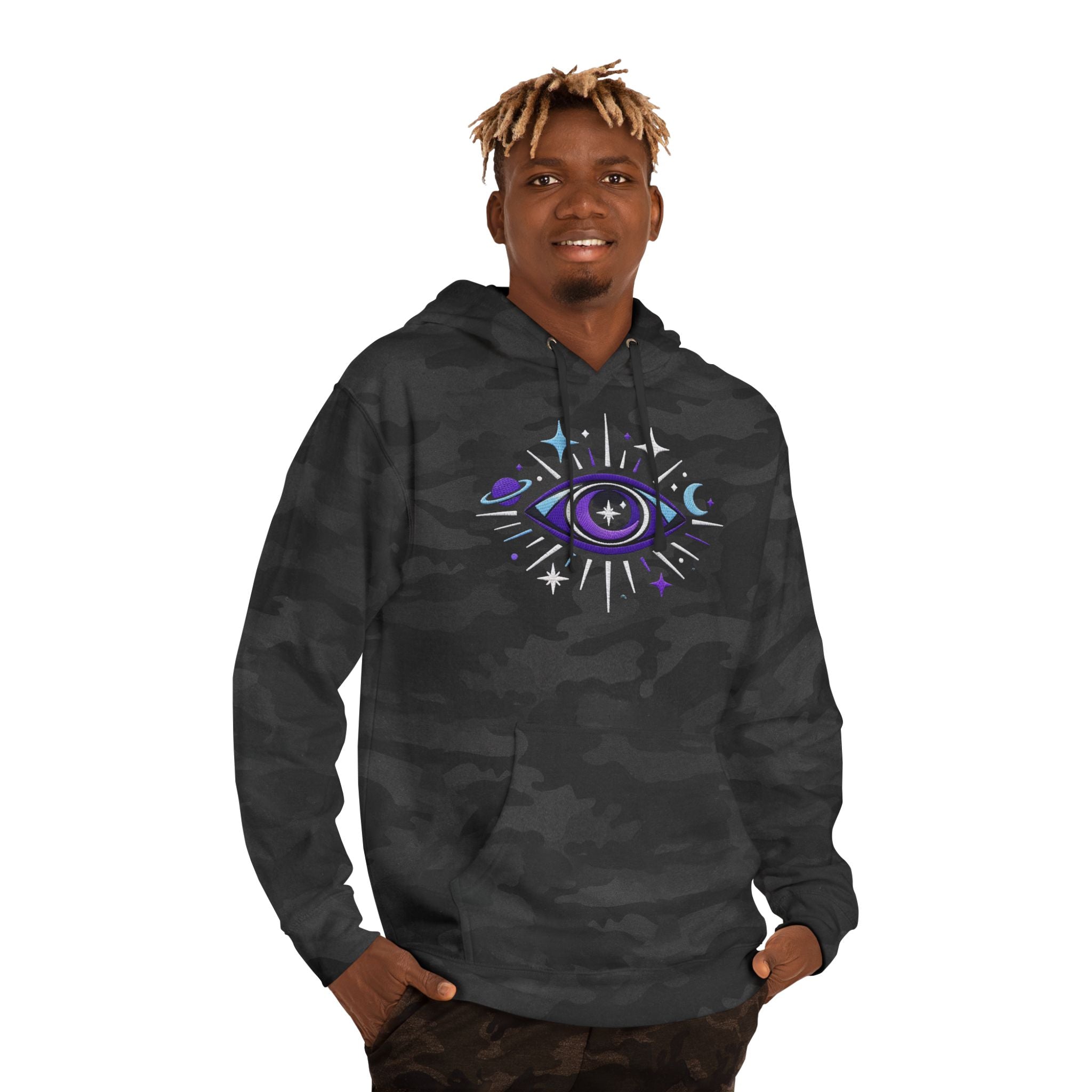 PRB Mystic Purple All-Seeing Eye Hoodie | Celestial Stars Moon by Power Runs Black