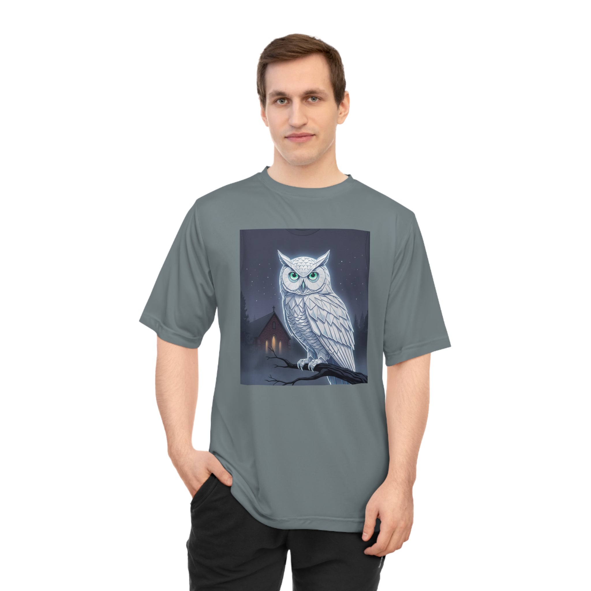 PRB White Snowy Owl Illustration T-shirt | Moonlit Night, Cabin Scene by Power Runs Black