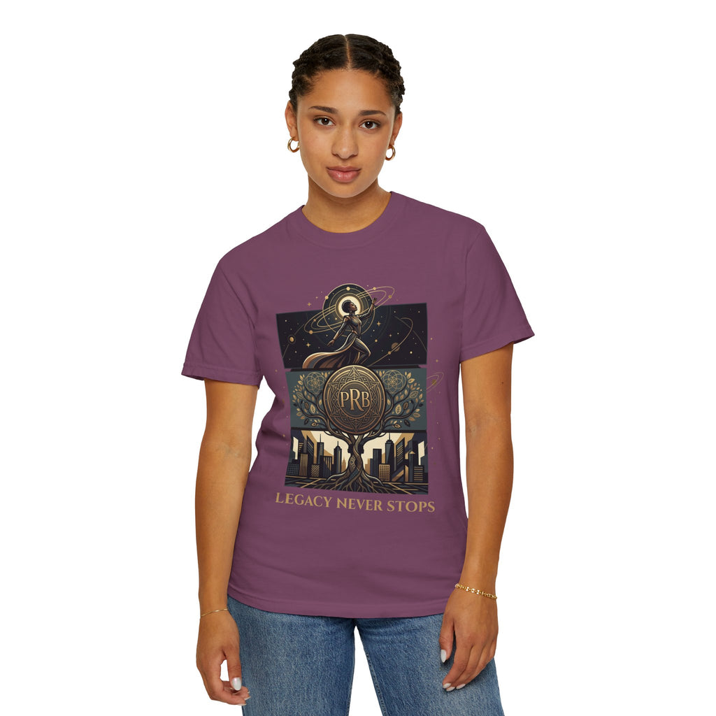 PRB Legacy Never Stops Graphic T-Shirt | Art Deco City Skyline Tee by Printify