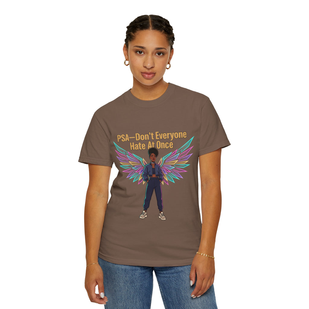 T-Shirt — PSA “Don't Everyone Hate At Once” Angel Wings Graphic Tee by Printify