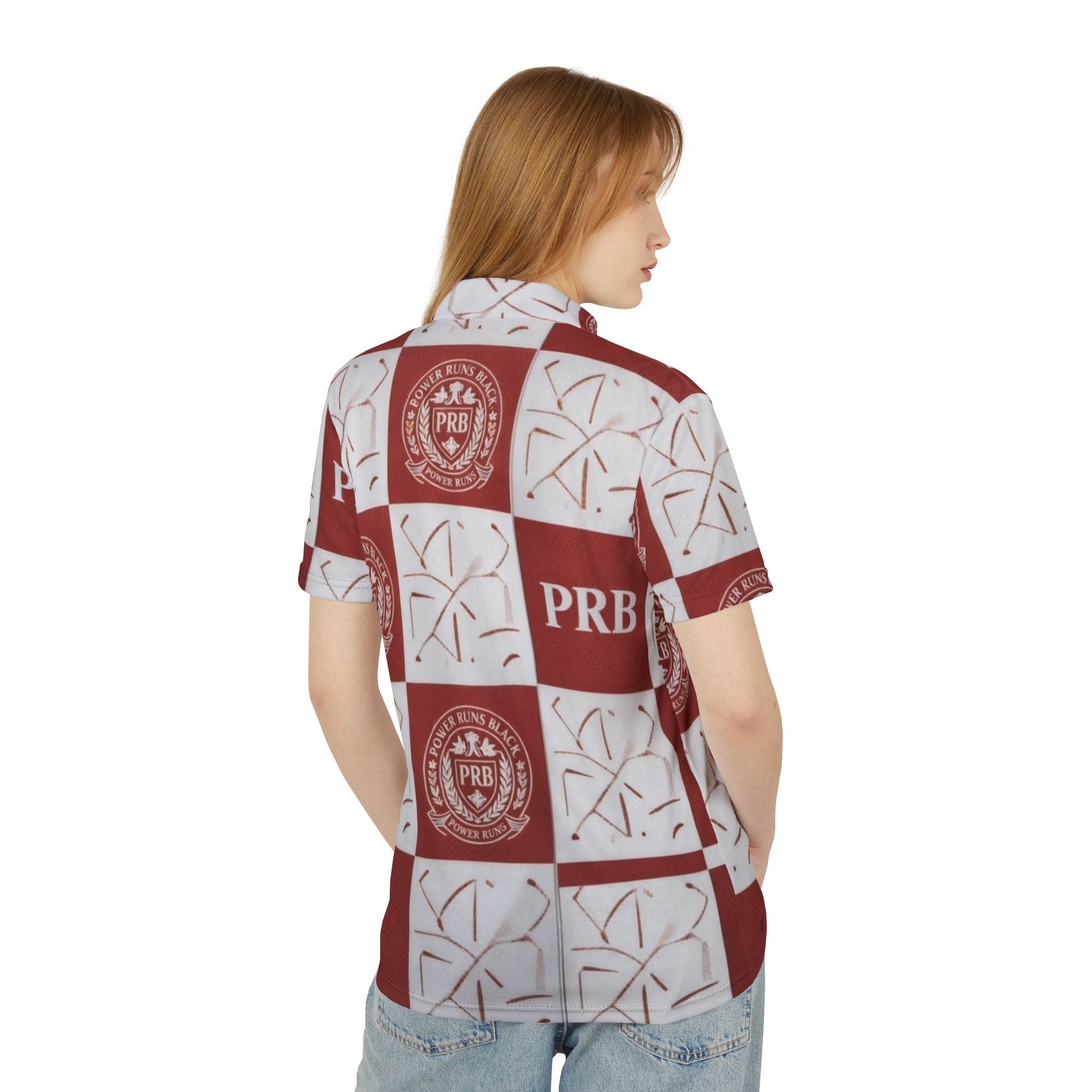 PRB Checkerboard Polo Shirt — Maroon Crest All-Over Print by Printify
