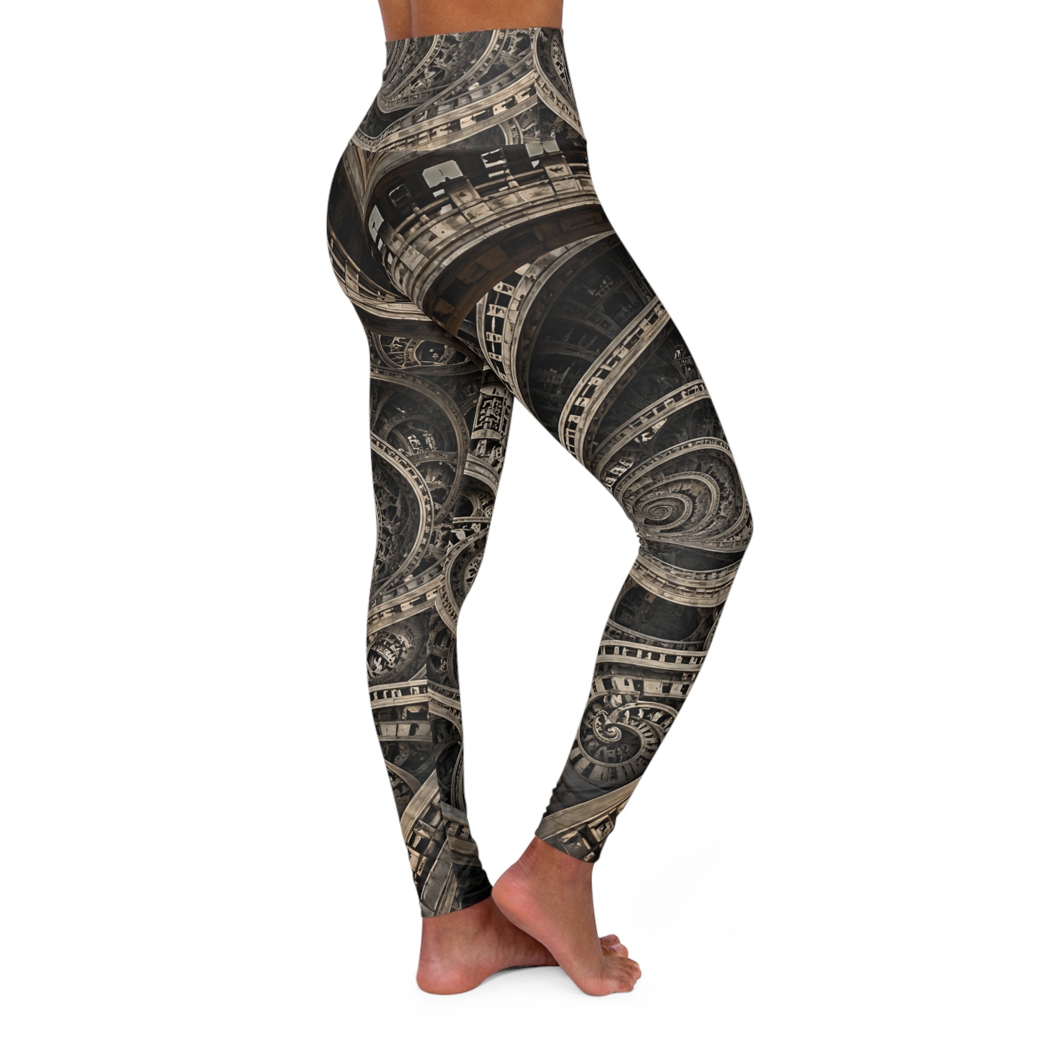 PRB Steampunk Gear Mandala High Waisted Yoga Leggings | All-Over Print by Power Runs Black