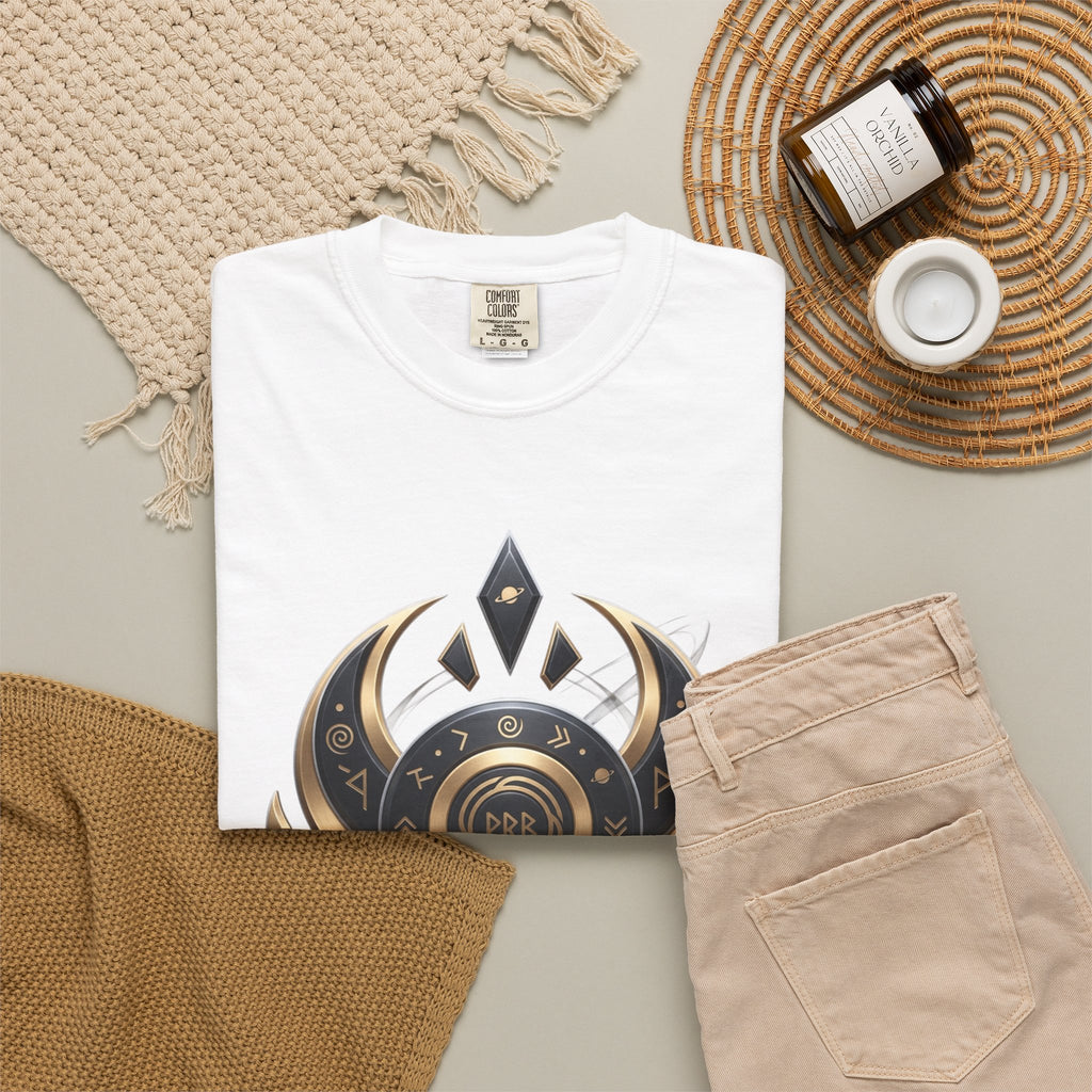 Power Runs Black Mystic Compass Disc T-Shirt — Geometric Gold & Black Emblem Tee by Printify