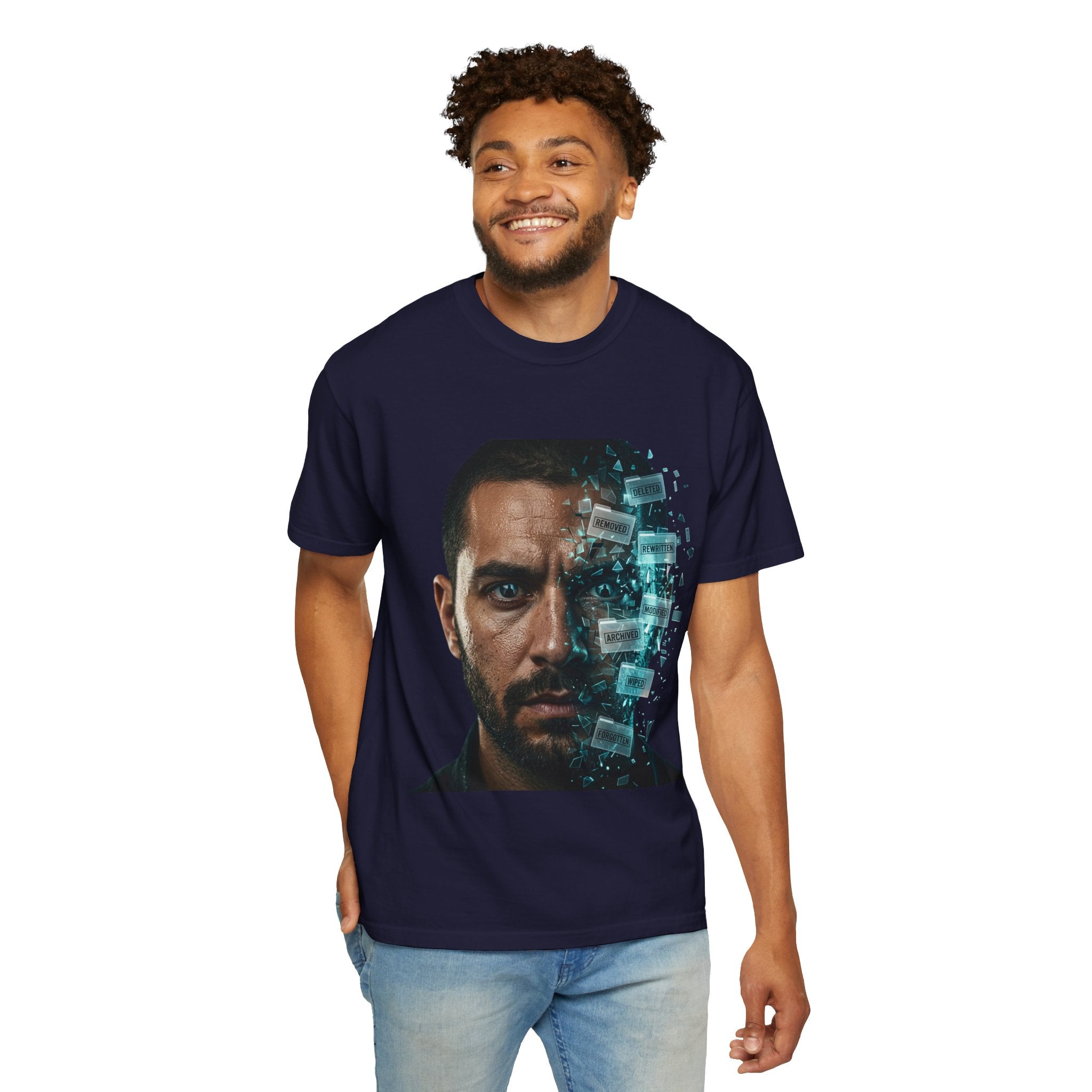 Syndication Loop Cyberpunk Portrait Tee — Tech-Noir Graphic T-Shirt | Power Runs Black by Printify