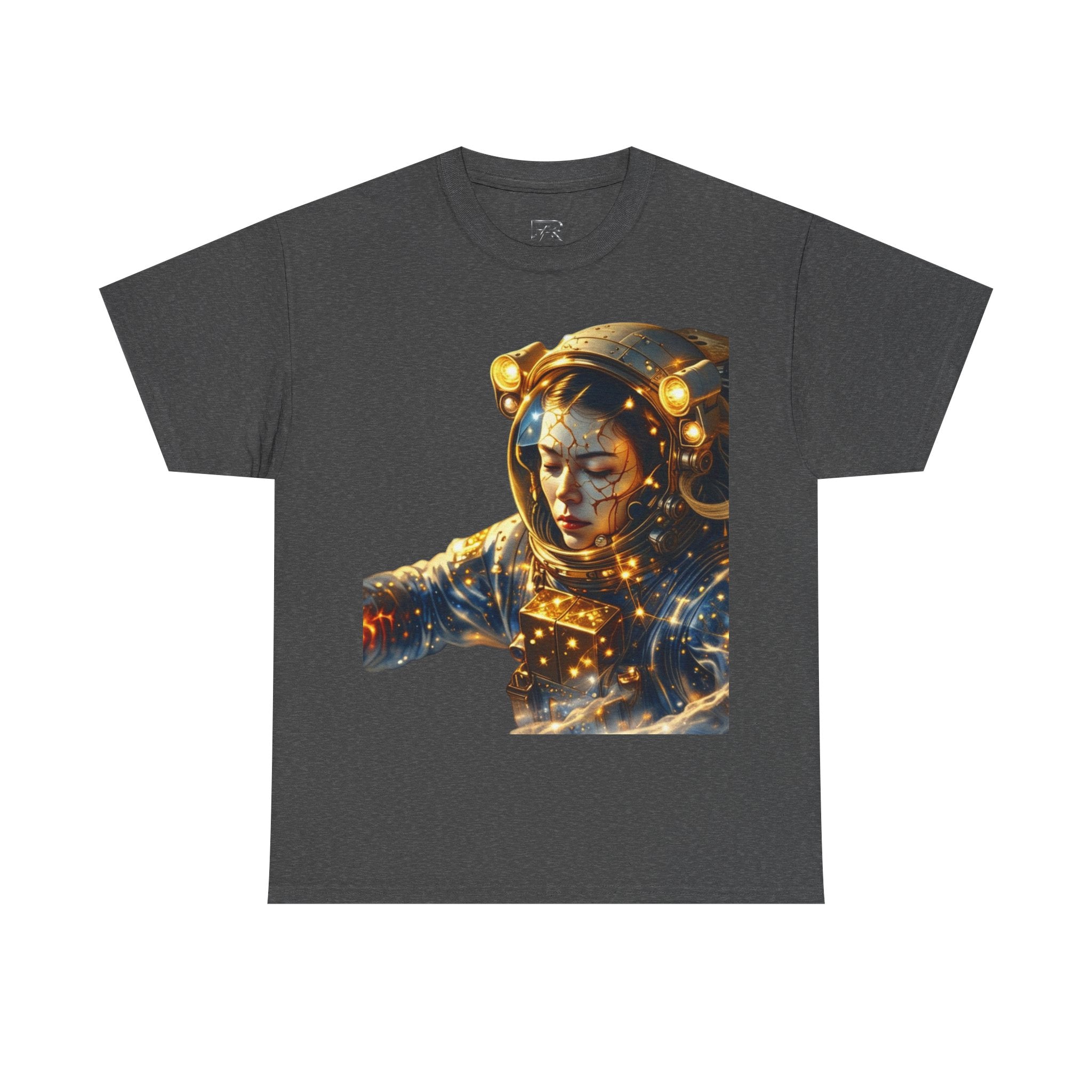 Power Runs Black PRB Golden Astronaut Portrait T-Shirt | Space Helmet Art, Cosmic Lights by Printify