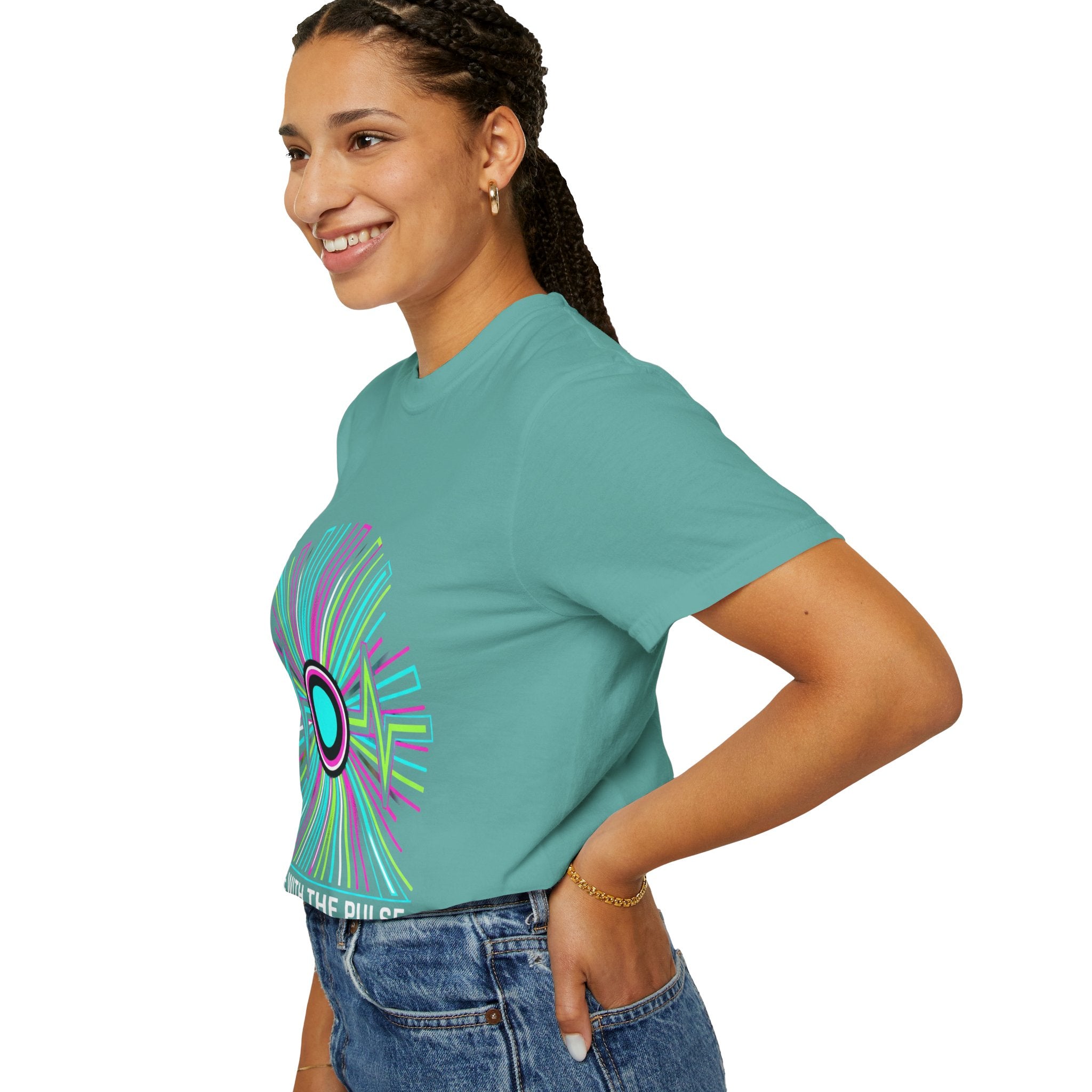 Power Runs Black PRB Electric "Move With Pulse" Graphic T-Shirt — Neon Sunburst Design by Power Runs Black