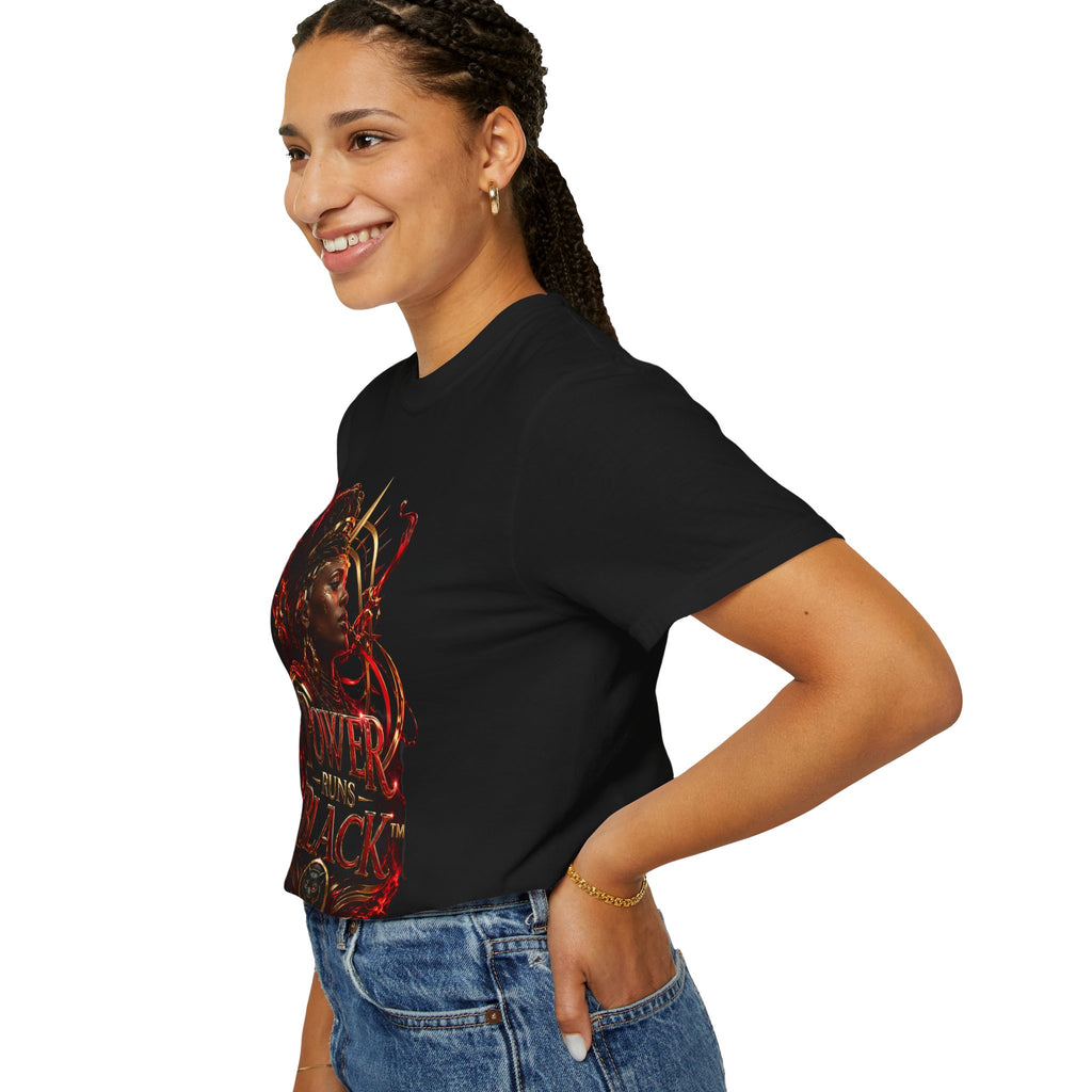 Power Runs Black T-Shirt — Afrocentric Crowned Goddess Graphic Tee by Printify