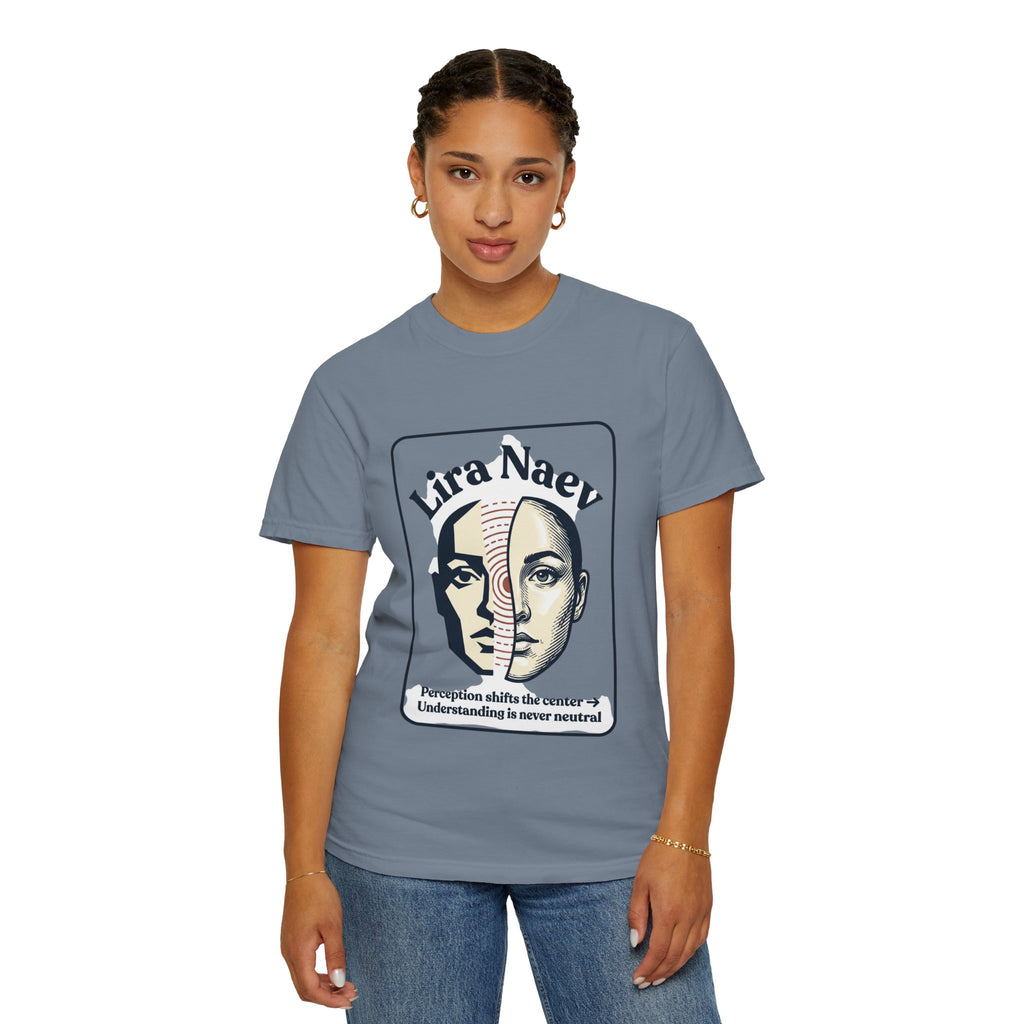 Power Runs Black PRB Lira Naev Split-Face Graphic T-Shirt — “Perception shifts the center” Statement Tee by Printify