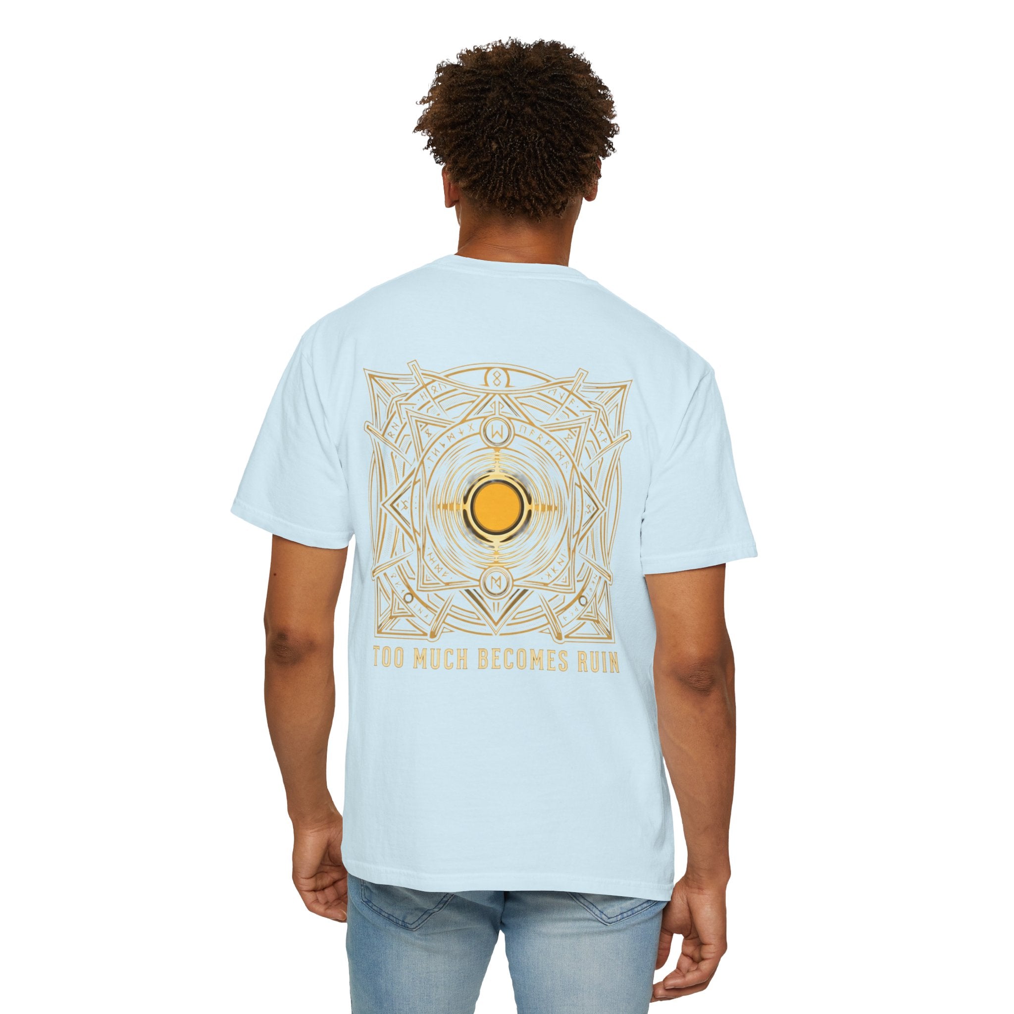 Power Runs Black PRB — Veyra Kain Geometric Sigil Tee with “Too Much Becomes Ruin” Graphic T-Shirt by Printify