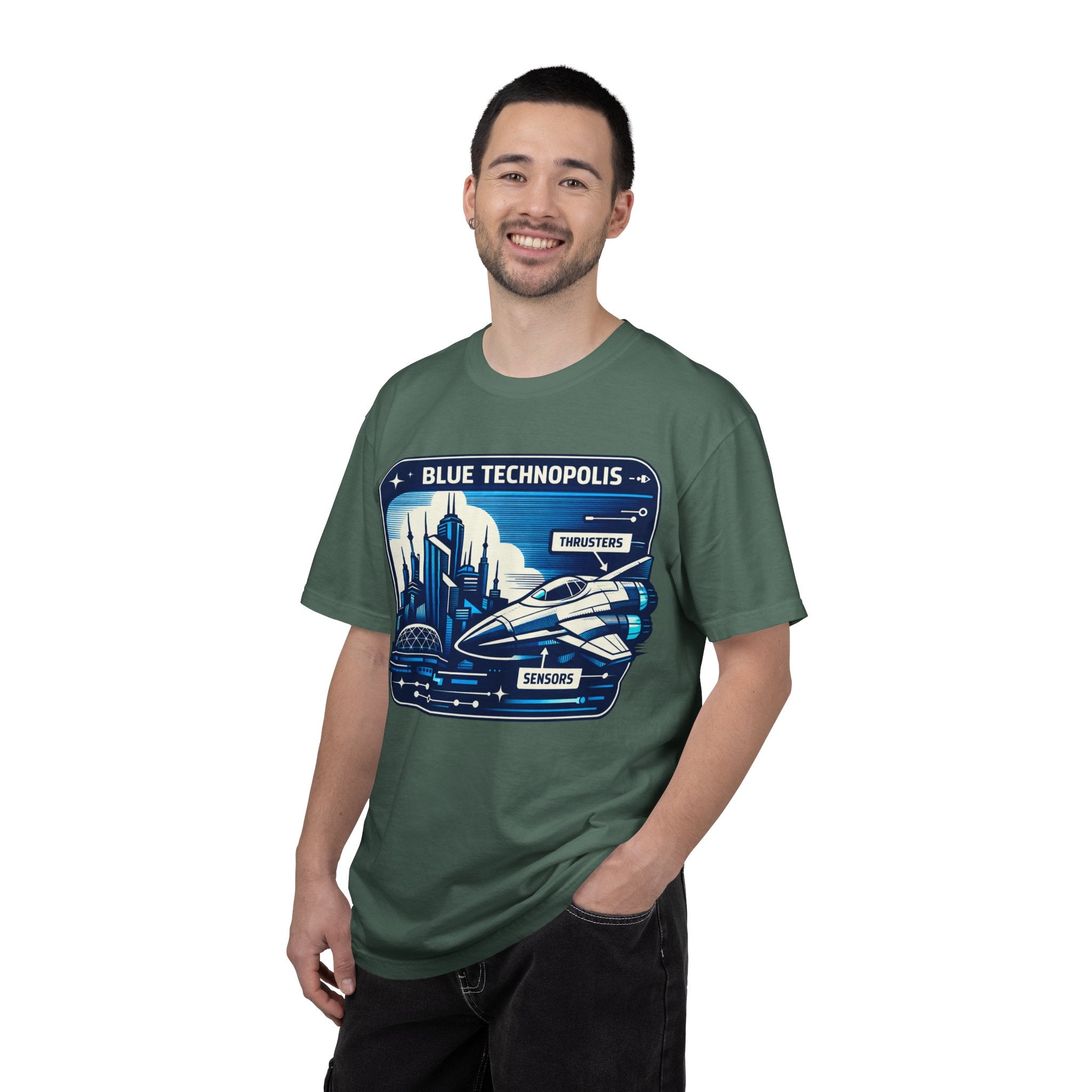 Power Runs Black PRB Technopolis Spacecraft T-Shirt — Blue Technopolis Retro Sci‑Fi Tee by Printify